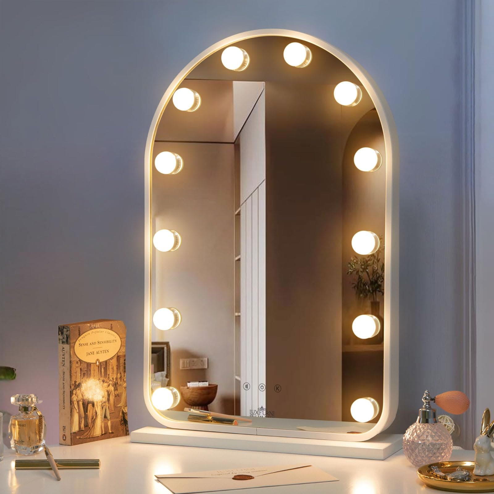 LUXFURNI Vanity Mirror with Lights Makeup Mirror, Hollywood Lighted up Mirror with 12 Dimmable Bulbs Smart Touch Control 3 Color Lighting Modes White