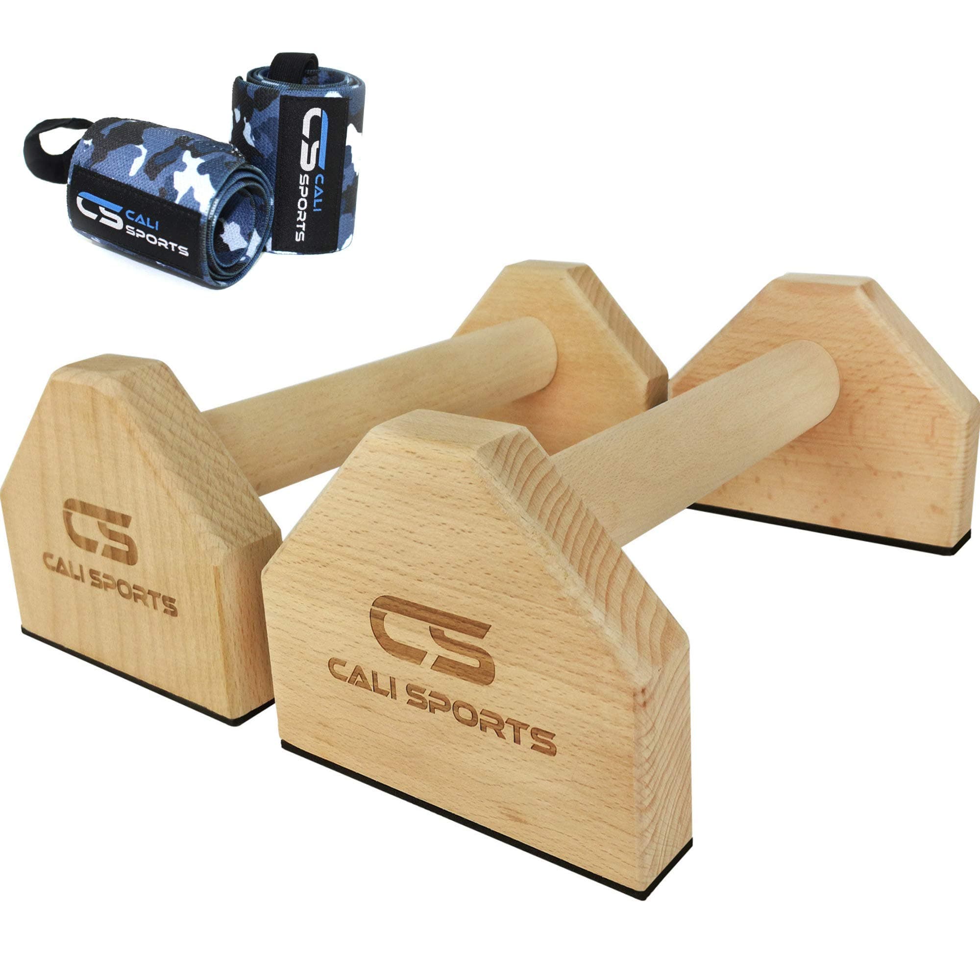 Calisthenics Wood Parallettes Bars | Push Up Bar That Will Not Slip or Wobble | Wrist Wraps Included
