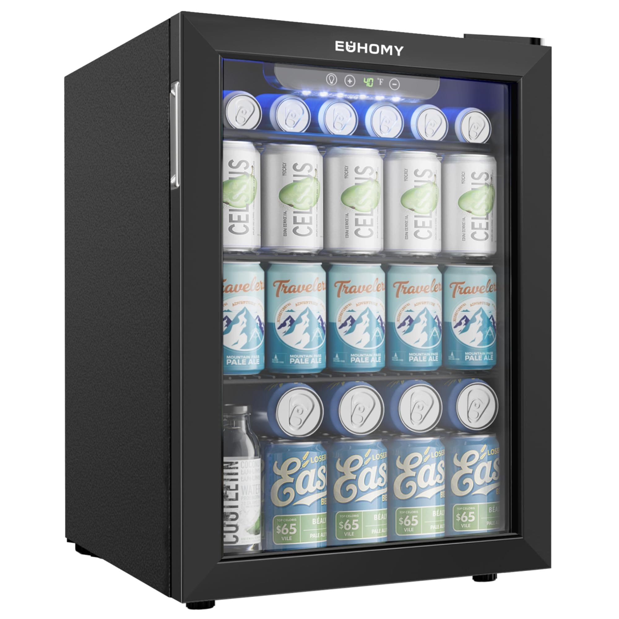 EUHOMY 100 Can Beverage Refrigerator cooler-Mini Fridge Glass Door for Beer Drinks Wines, Freestanding Beverage Fridge with Adjustable Shelves Blue LED for Home/Office/Dorm/Bar, 2.7 cu.ft