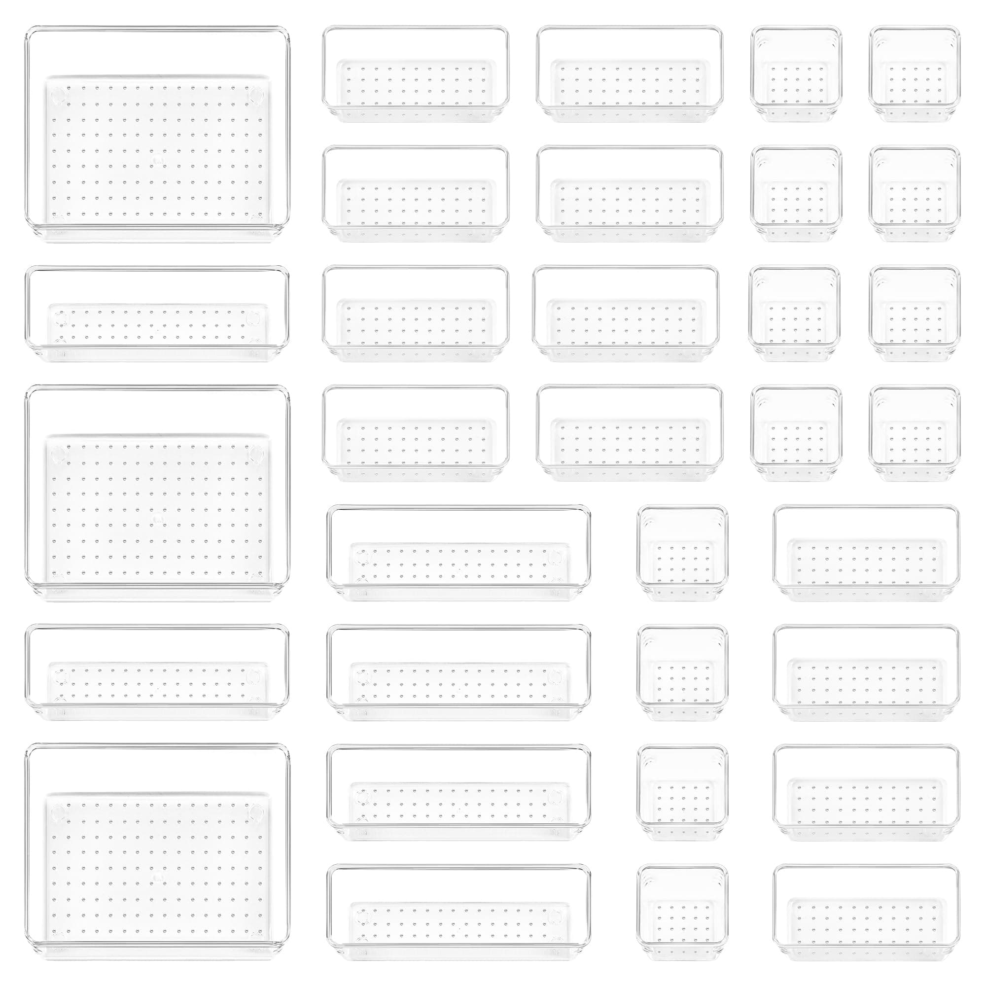 Vtopmart 37 PCS Clear Plastic Drawer Organiser Set, 4 Size Versatile Kitchen, Bedroom and Bathroom Drawer Organizer Trays for Makeup, Jewelry, Kitchen Utensils and Office