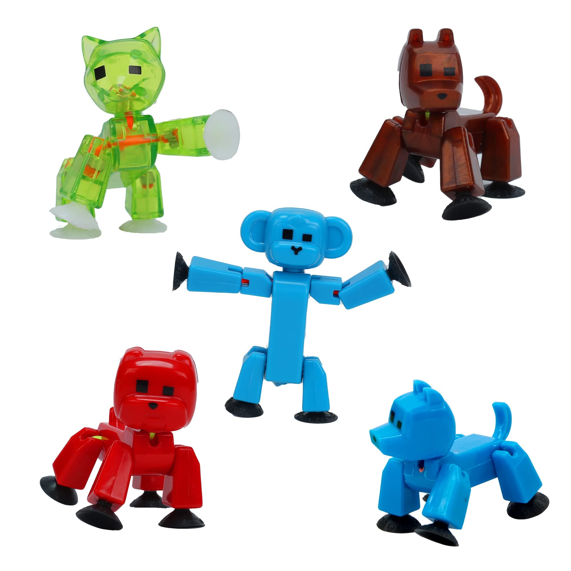 Stikbot Pets 5 Pack, Set of 5 Stikbot Collectable Action Figures, Includes 1 Bulldog, 1 Monkey, 1 Cat and 2 Dogs, Create Stop Motion Animation