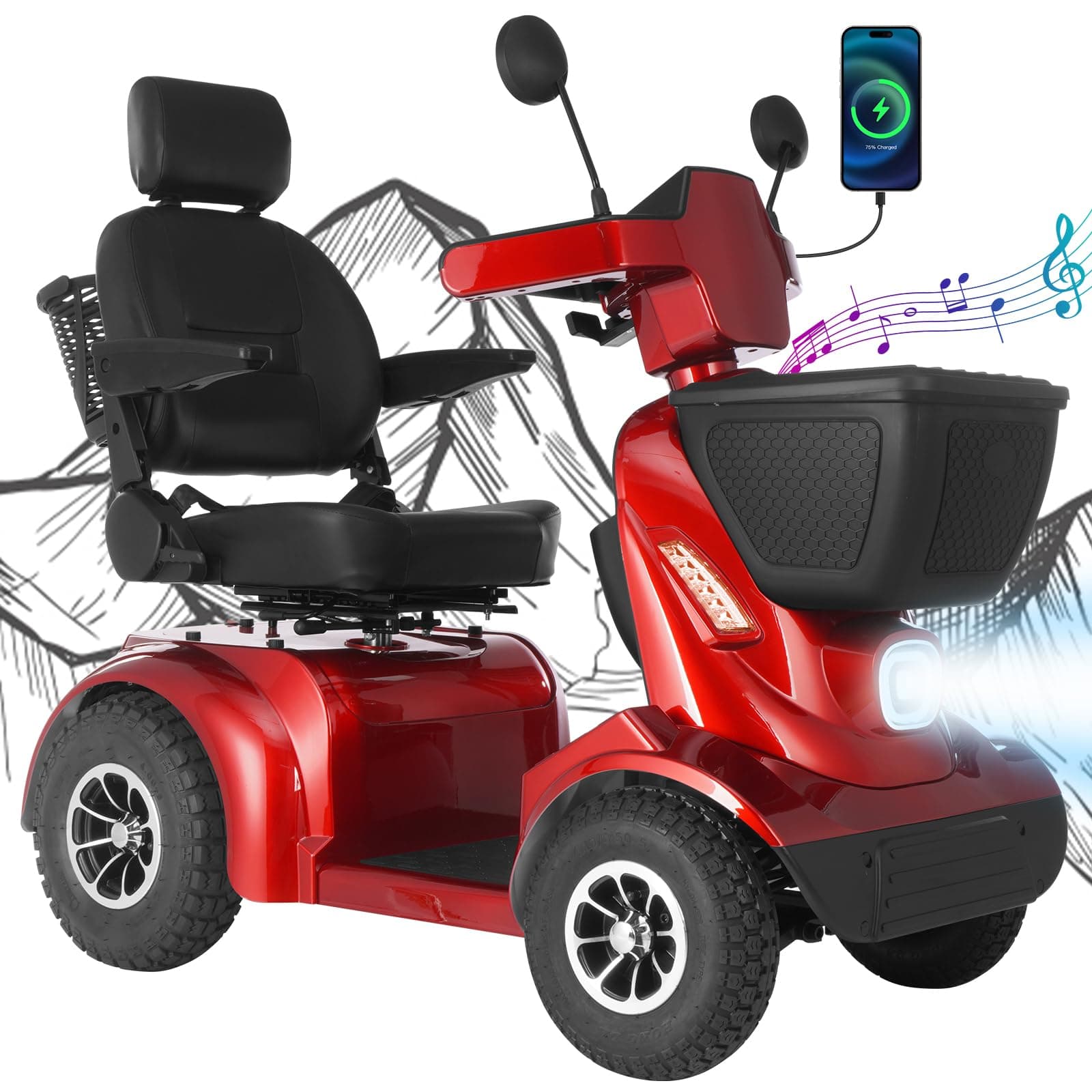 MS02 MAX All Terrain 1000W Electric Mobility Scooter for Adults& Seniors - 500LBS Load & 32 Miles Range Powerd Wheelchair Device w/Off-Road Absorber, Bluetooth Speaker, Dual Baskets, LED Light System