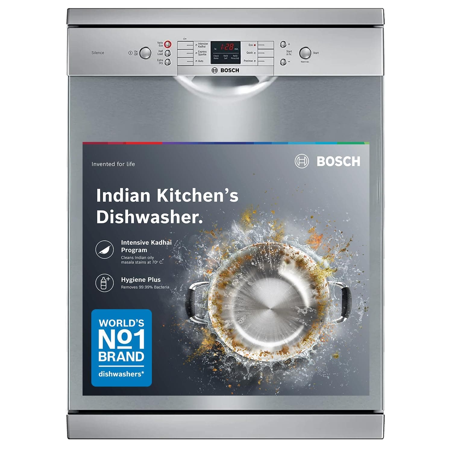 13 Place Setting (fits up to 70 utensils) Free-Standing Dishwasher for Indian Utensils | Hygiene+ & Intensive Kadhai Program (SMS66GI01I, Inbuilt Heater, Removes 99.9% Germs, Silver Inox)