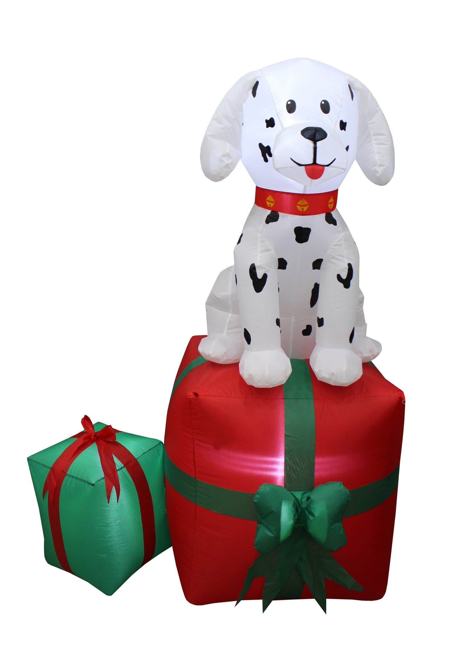 5 FT Lighted Christmas Inflatable Dalmatian Puppy on Gift Box – Outdoor Indoor Holiday Decoration with Built-in LED Lights Self-Inflating Blower Weather-Resistant Blow-Up Yard Decor