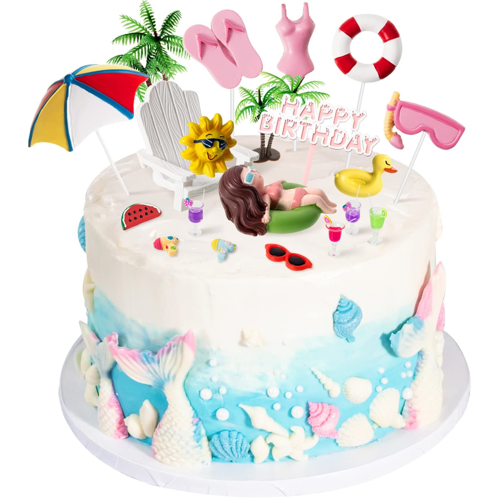 Junkin 21 Pcs Beach Cake Decorations Summer Pool Cake Topper Summer Birthday Decorations Coconut Tree Chair Umbrella Watermelon Sun for Pool Beach Party Birthday Supplies(Girl)
