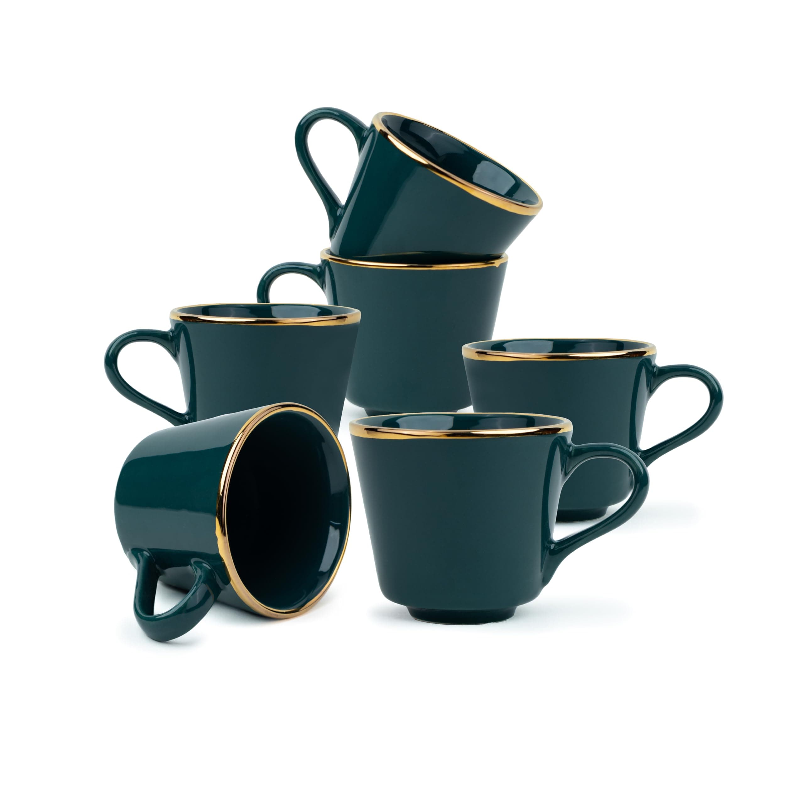 Shay Ceramic Tea Cup Set, Set of 6, Teal Green with Real Gold Line, 180ml | Cup Set of 6 for Tea | Glossy Finish | Premium Ceramic | Tea Cup Set of 6 (Tea Cups - Teal Gold Line)