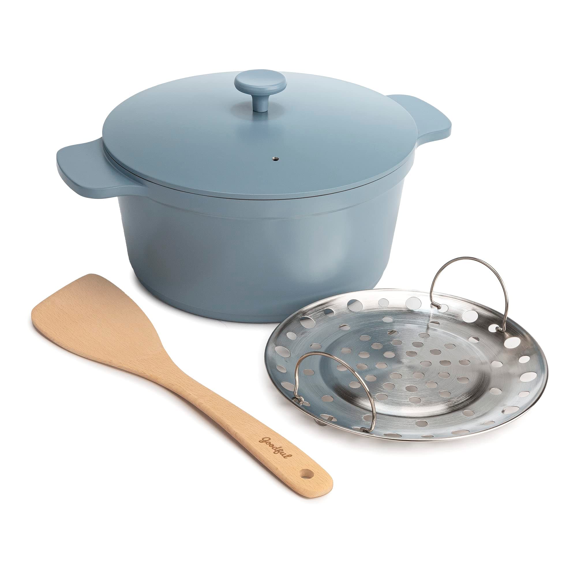 Goodful All-In-One Pot, Multilayer Nonstick, High Performance Cast Dutch Oven With Matching Lid, Roasting Rack And Turner, Made Without PFOA, Dishwasher Safe Cookware, 4.7-Quart, Blue Mist