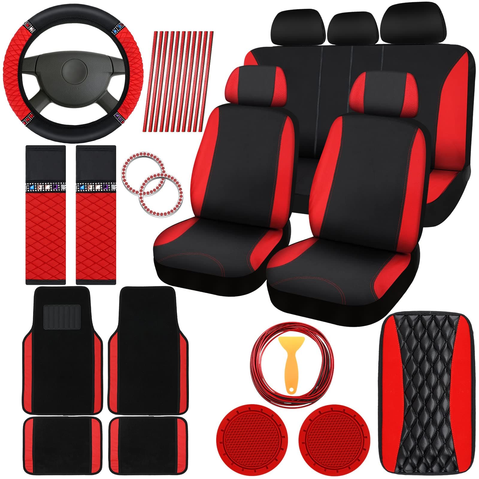 BBTO 43 Pcs Bling Car Accessories Set for Women Front Seats and Rear Bench Polyester Car Seat Protectors Wheel Cover Seat Floor Mats Full Crystal Automotive Interior Decor(Red and Black)