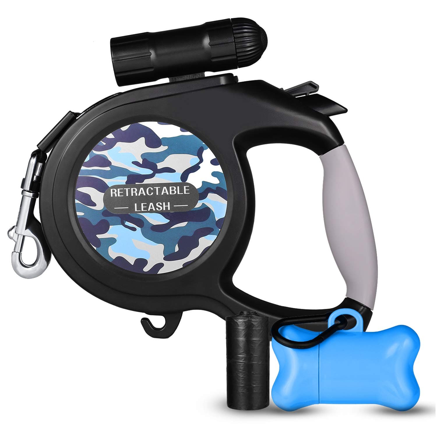 Retractable Dog Leash, 26 ft Dog Walking Leash for Medium Large Dogs up to 110lbs, LED Light &Dog Waste Dispenser Bags included, Tangle Free, One Button Break & Lock, Blue Pattern