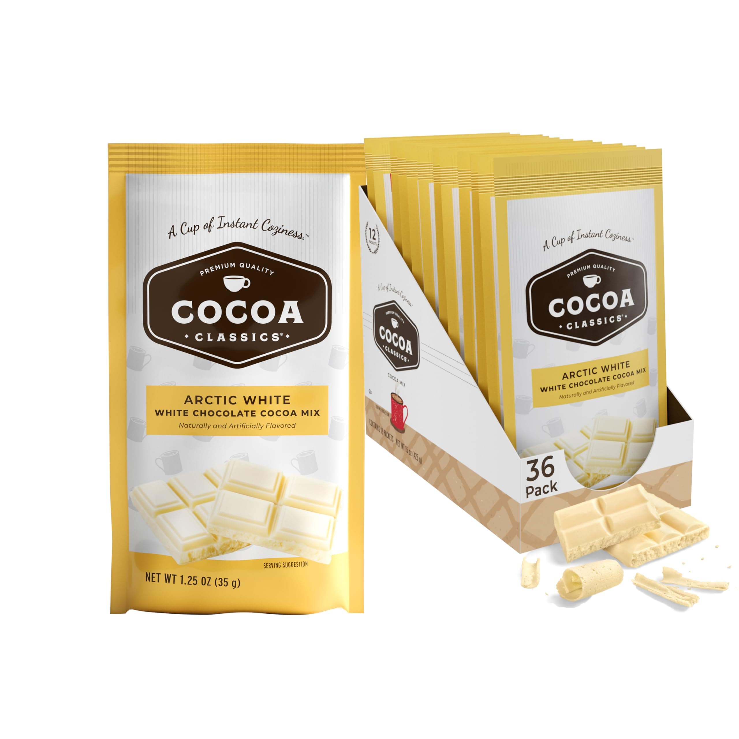 Cocoa Classics Arctic White Cocoa Mix, Hot Chocolate, Made with Nonfat Milk, Just Add Hot Water, Make Hot or Iced Cocoa, Gluten Free, 1.25oz Packets (Pack of 36)