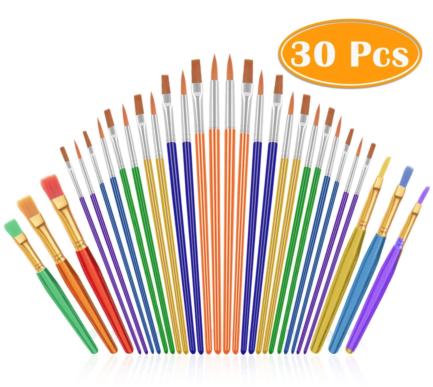 PAXCOO 30 Pcs Paint Brushes Set with Flat and Round Tips, Nylon Hair Artist Acrylic Paint Brushes for Watercolor Acrylic Art Class Painting