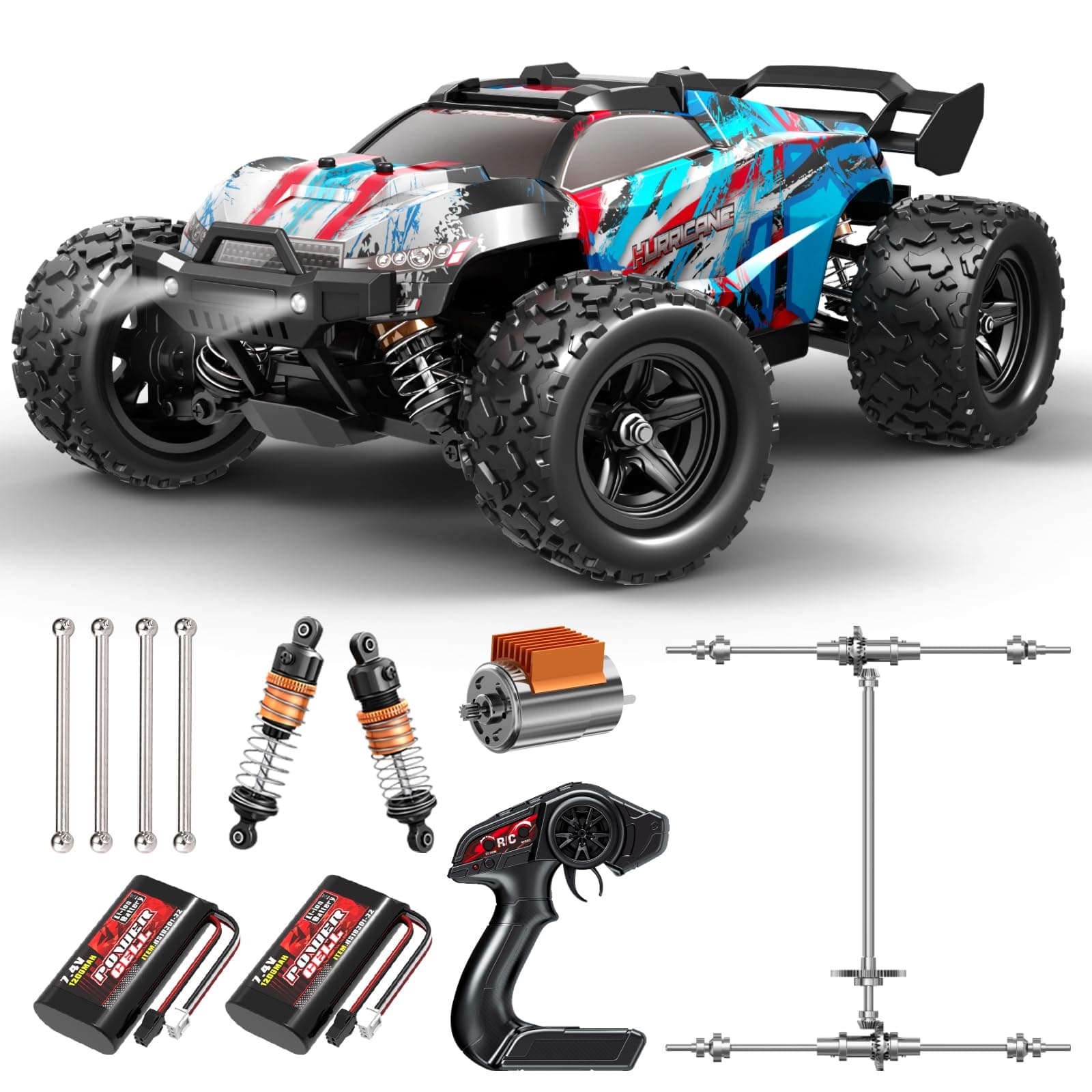 Remote Control Car 1:18 Scale 45Km/h, 4WD RC, Drift Off-Road Upgraded Brush Motor with Two Rechargeable Batteries, Hobbyist Grade for Adults, Toy Gift Kids and, Blue