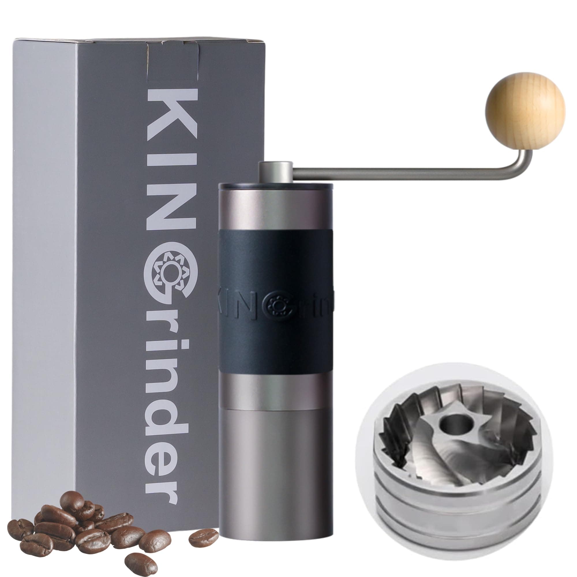K0 Iron Grey Manual Hand Coffee Grinder with Straight handle for French Press, Drip with Assembly Consistency Stainless Steel Conical Burr Mill, 25g Capacity