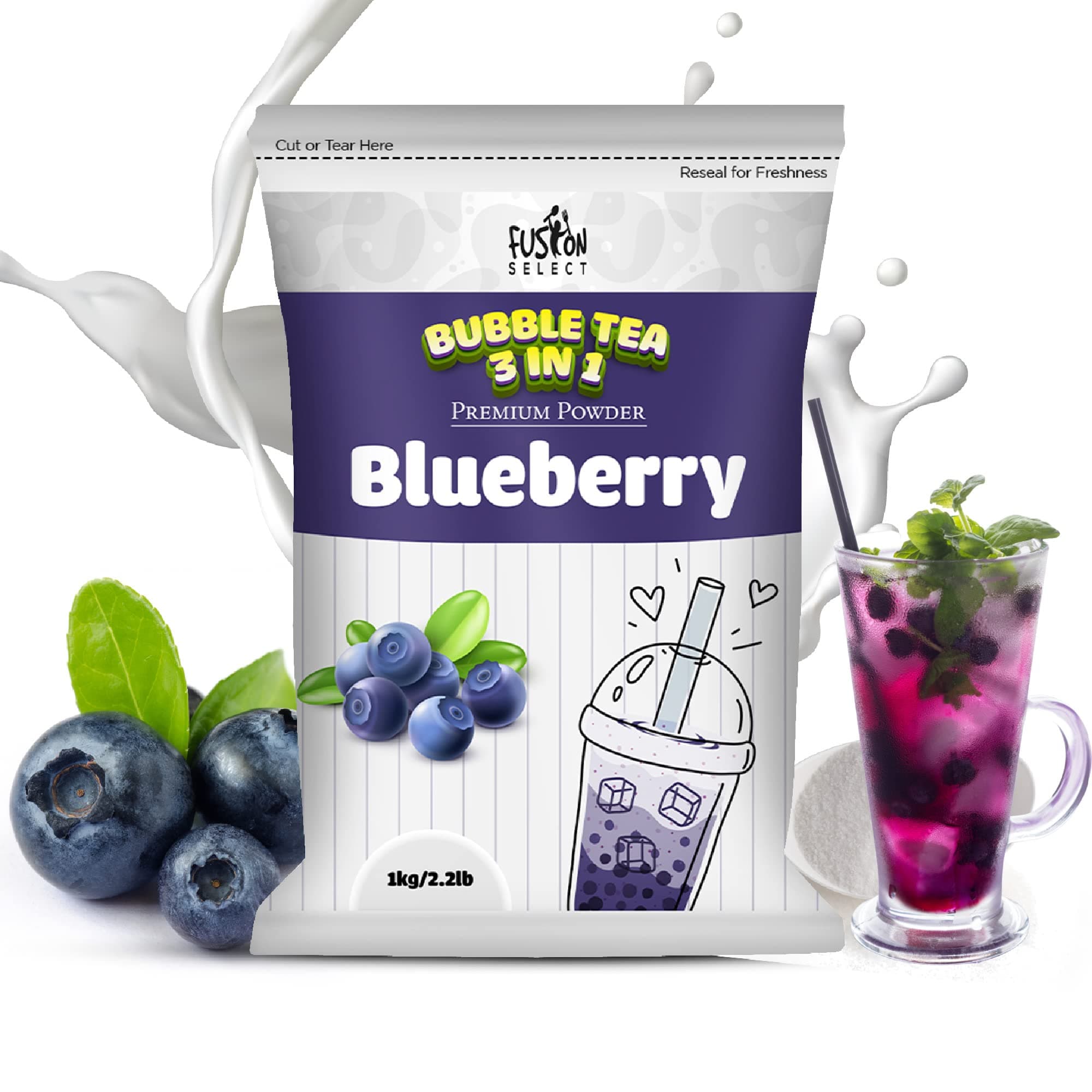 Fusion Select 2.2lb Tea Powder Blueberry Tea Flavored-3-in-1 Drink Powder with Cream & Sugar - Instant Pre-Mixed Beverage for Hot or Cold Blends or Yummy Frappes
