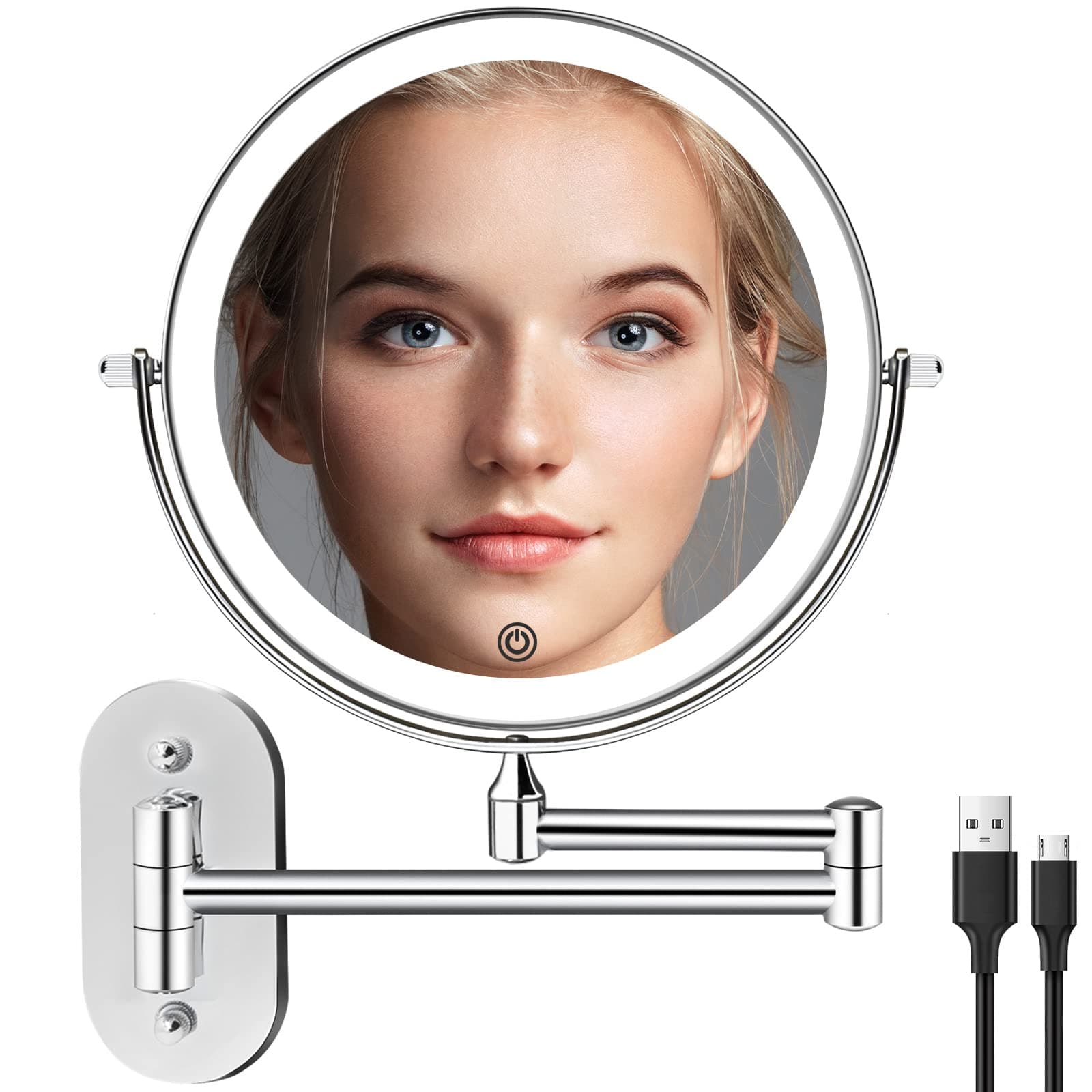Rechargeable Wall Mounted Lighted Makeup Vanity Mirror 8 inch 1X/10X Magnifying Bathroom Mirror with 3 Color Lights, Double Sided with Dimmable LED Lights, Extended Arm 360° Swivel Extension Mirror