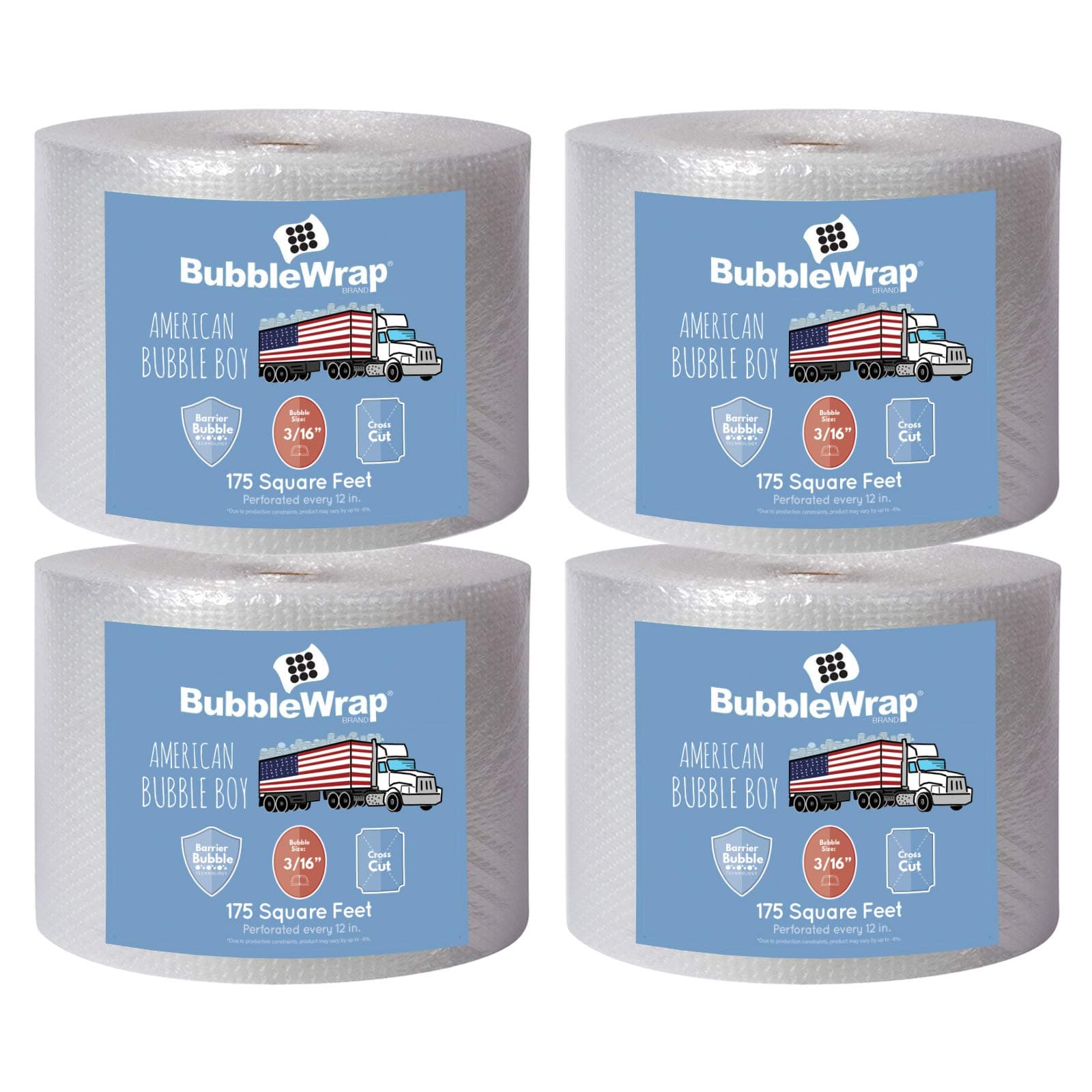 4 large rolls of Bubble Wrap total 700 feet, small bubbles 3/16 cushioning, 700 ft, heavy duty, perforated Every 12" Made in the USA by American Bubble Boy, bulk packaging wrap for moving and shipping