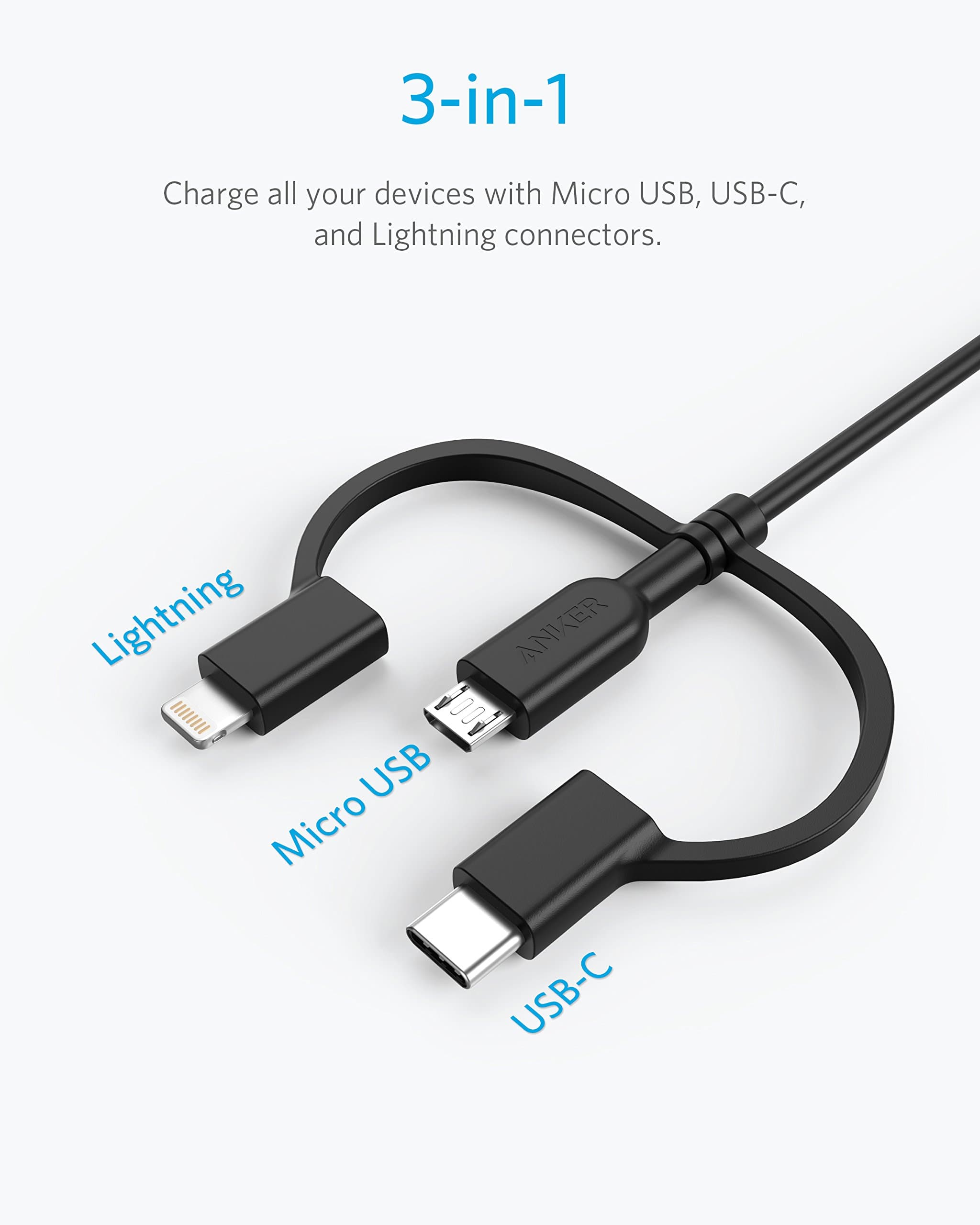 Anker Powerline II 3-in-1 Charging Cable, Lightning/Type C (USB C)/Micro USB Cable for iPhone, iPad, Huawei, LG, Samsung Galaxy, Sony Xperia, Android Smartphones, iPad Pro 2018 and More(3ft, Black)