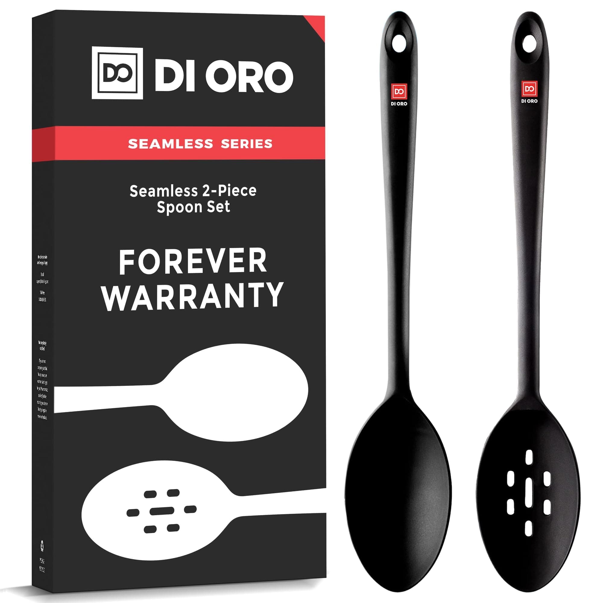 DI ORO® Seamless Series 2-Piece Silicone Spoon Set - 315°C Heat-Resistant Rubber Non-Stick Slotted and Solid Spoons for Mixing and Serving - LFGB Certified and BPA Free Pro-Grade Silicone