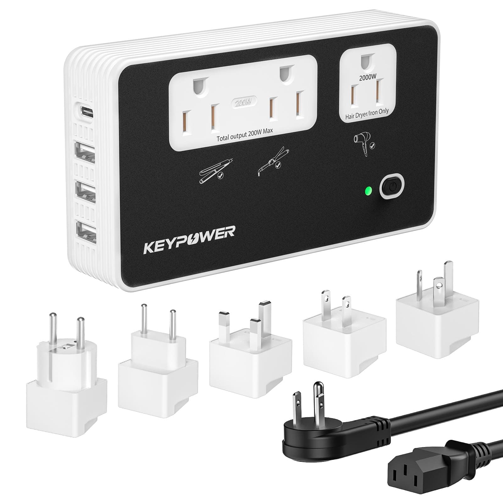 2000W Step Down Converter, 220V to 110V Voltage Converter US to Europe, International Universal Travel Adapter with 3 AC Outlets and 4 USB(1 USB C) for Hair Dryer/Straightener.