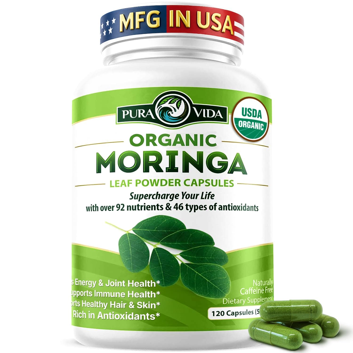 Organic Moringa Capsules, Pure Moringa Leaf Powder Single Origin for Energy, Metabolism & Immune Support, 120ct, 500mg Caps