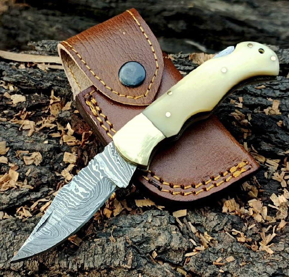 Handmade Damascus Steel Back Lock Pocket Folding knife With Sheath Camel Bone Handle, Gray