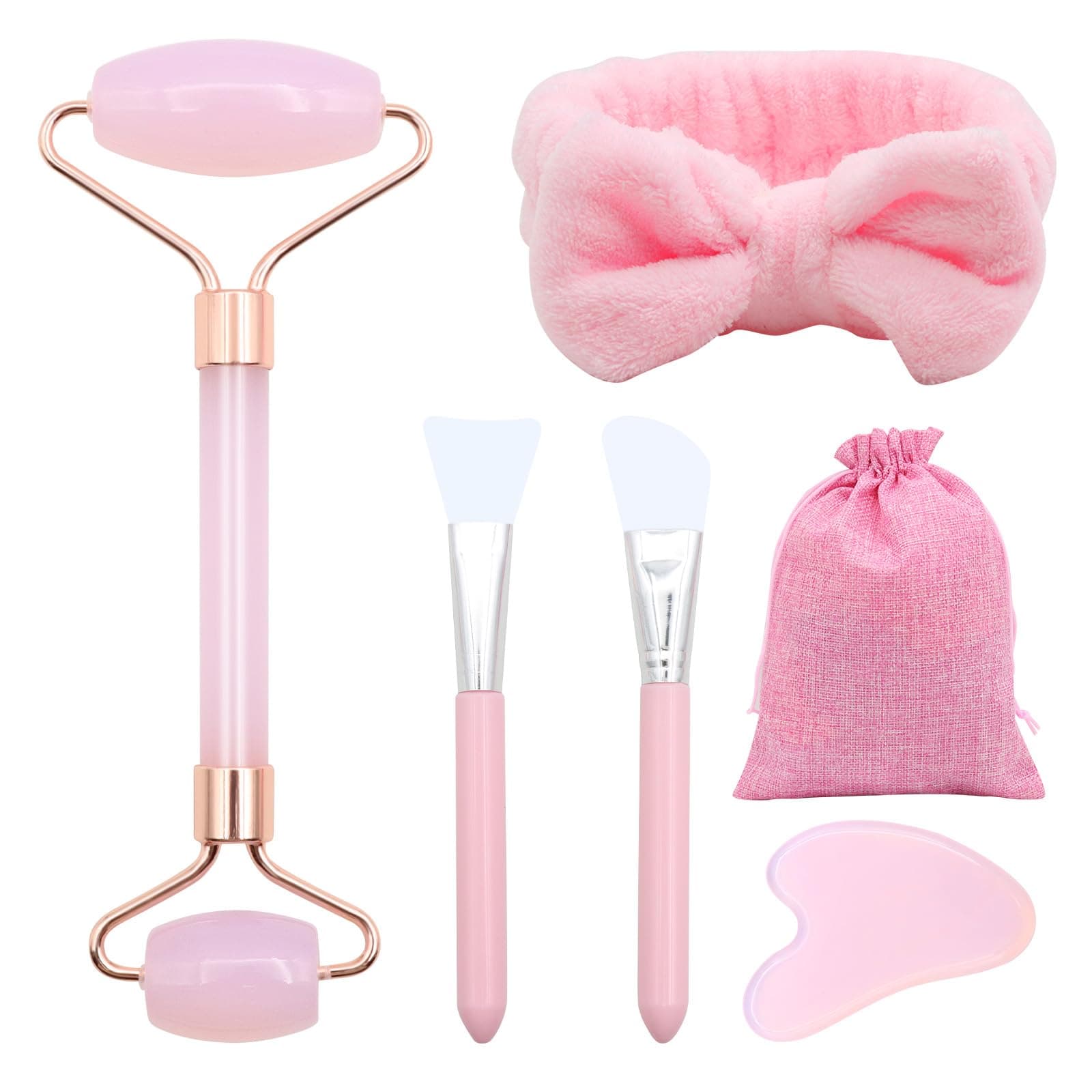 VEGCOO Rose Quartz Face Roller Gua Sha Set, Pink Jade Roller for Women, Gua Sha Stone Massage Tool for Facial, Neck and Body Muscle Relaxing