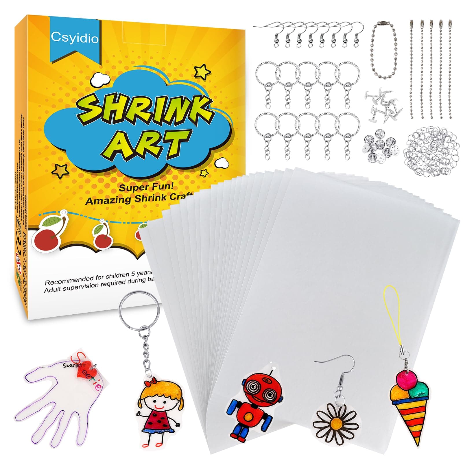 165 PCS Shrink Dink Keychain Kit Includes 20 PCS Shrink Paper Sheets and 145 PCS Metal Accessories, Shrink Papers for Kids Creative Craft School Projects and Christmas Ornaments