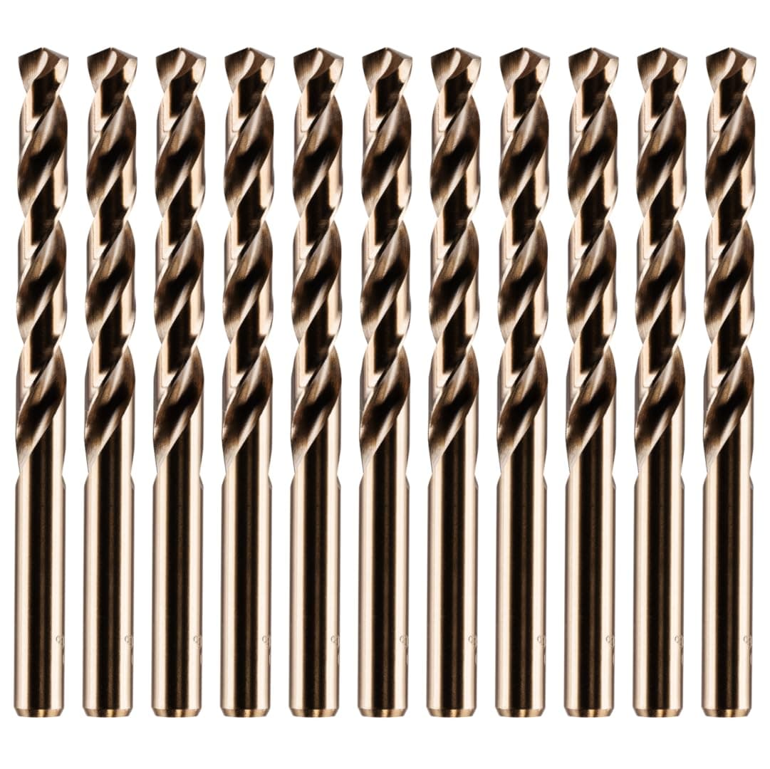 Rennie Tools - 10pc 6.4mm Gold Cobalt Jobber Drill Bit Set for Stainless Steel, Hard Metals, Aluminium, Cast Iron, Copper