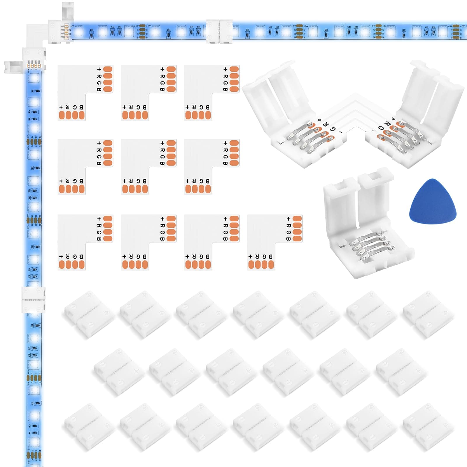 WENHSIN 10-Packs L Shape 4-Pin LED Connectors for LED Strip Lights 10MM Width Unwired Gapless Solderless Adapter Extension