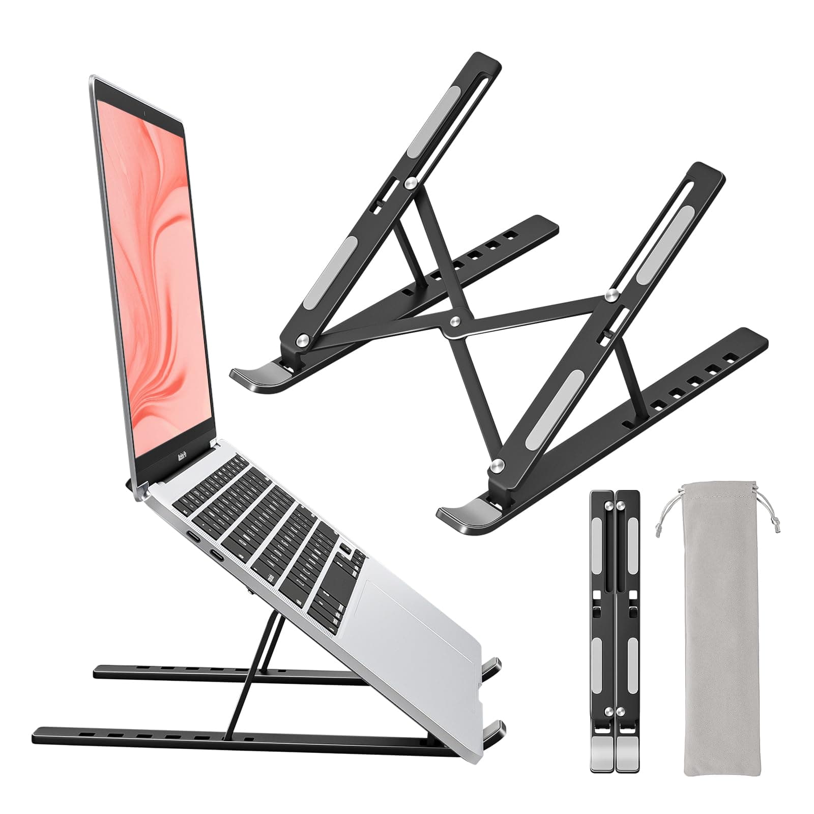 Laptop Stand for Desk, Laptop Riser Holder Computer Stand for Desk, Portable Foldable Adjustable Notebook Stand, Aluminum Metal MacBook Stand, Compatible with 10-15.6 Inch Laptops, iPad , Black.