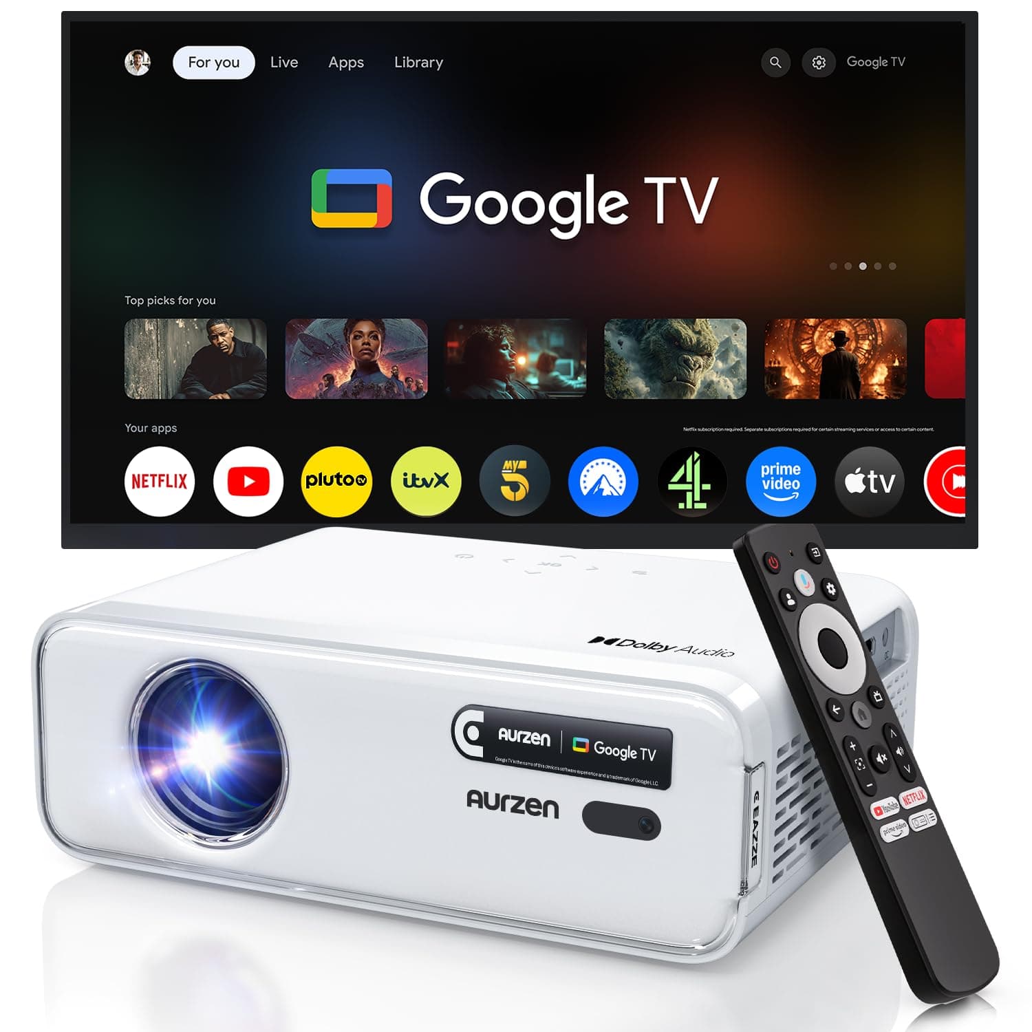 Aurzen EAZZE D1G Official Google TV 4K Supported Smart Projector with WiFi & Bluetooth, Auto Focus & Keystone, Dolby Audio, Native 1080P Portable Mini Movie Projector for Home & Outdoor