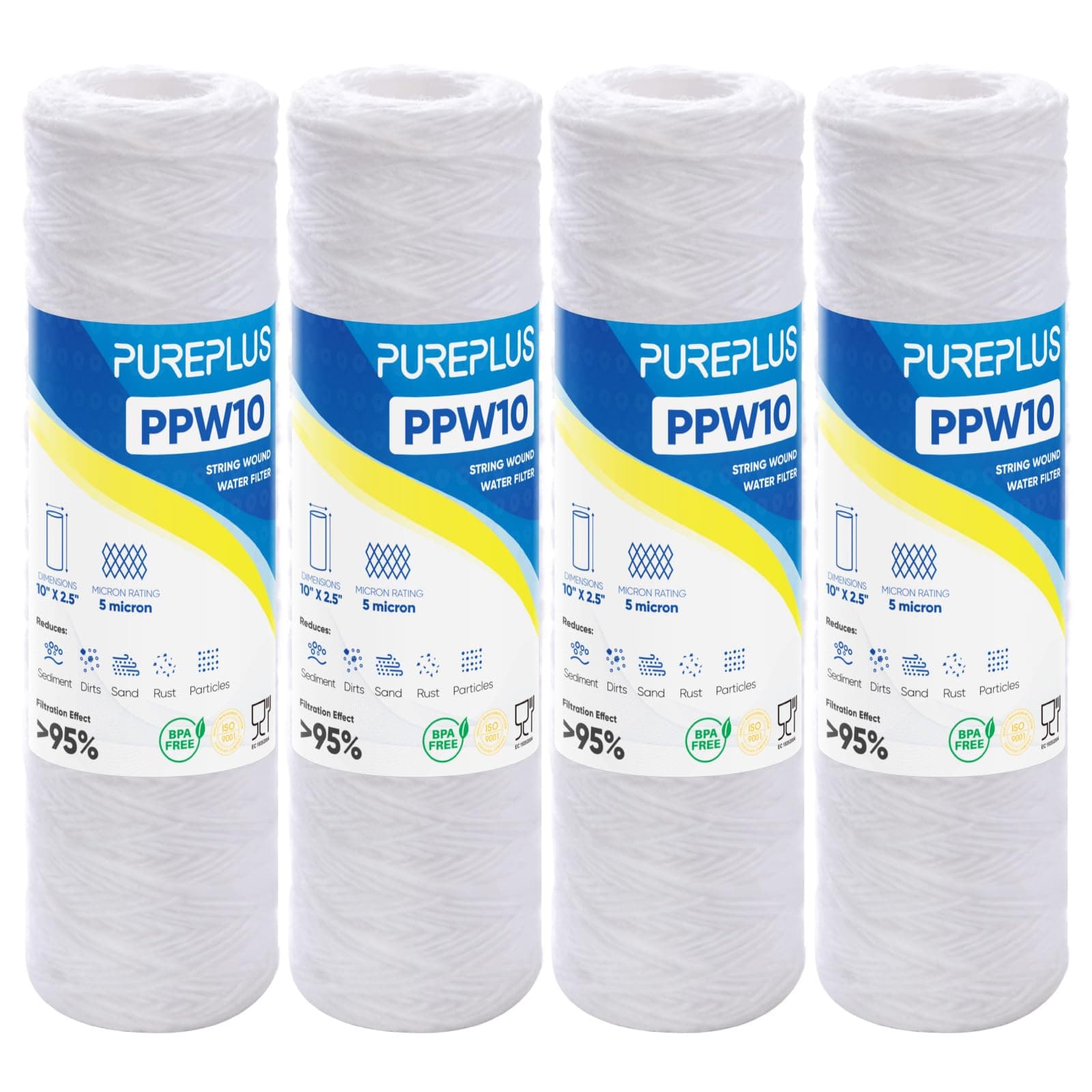 PUREPLUS 5 Micron 10"x2.5" Whole House String Wound Sediment Filter for Well Water, Replacement Cartridge for Universal 10 inch RO System, WP-5, Aqua-Pure AP110, CFS110, Culligan P5, WFPFC4002,4Pack