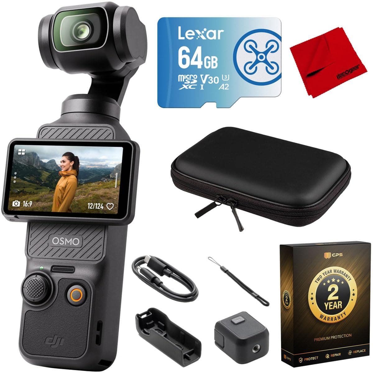 Osmo Pocket 3 Handheld Gimbal Stabilizer with 1′′ CMOS & 4K/120fps Video, 3-Axis Stabilization Bundle with 10" Hard EVA Case, 64GB Memory Card and 2 YR CPS Enhanced Protection Pack