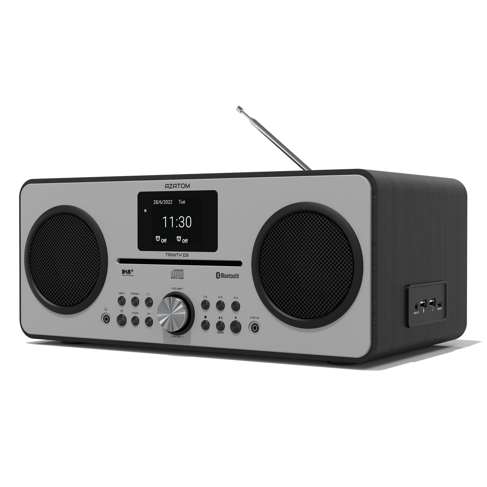 DAB DAB+ Digital FM Radio, CD player, Bluetooth Stereo Speaker System, USB charger, USB MP3 player, Premium Sound, Alarm, Equalizer, Remote Control ( Trinity Black/Silver)