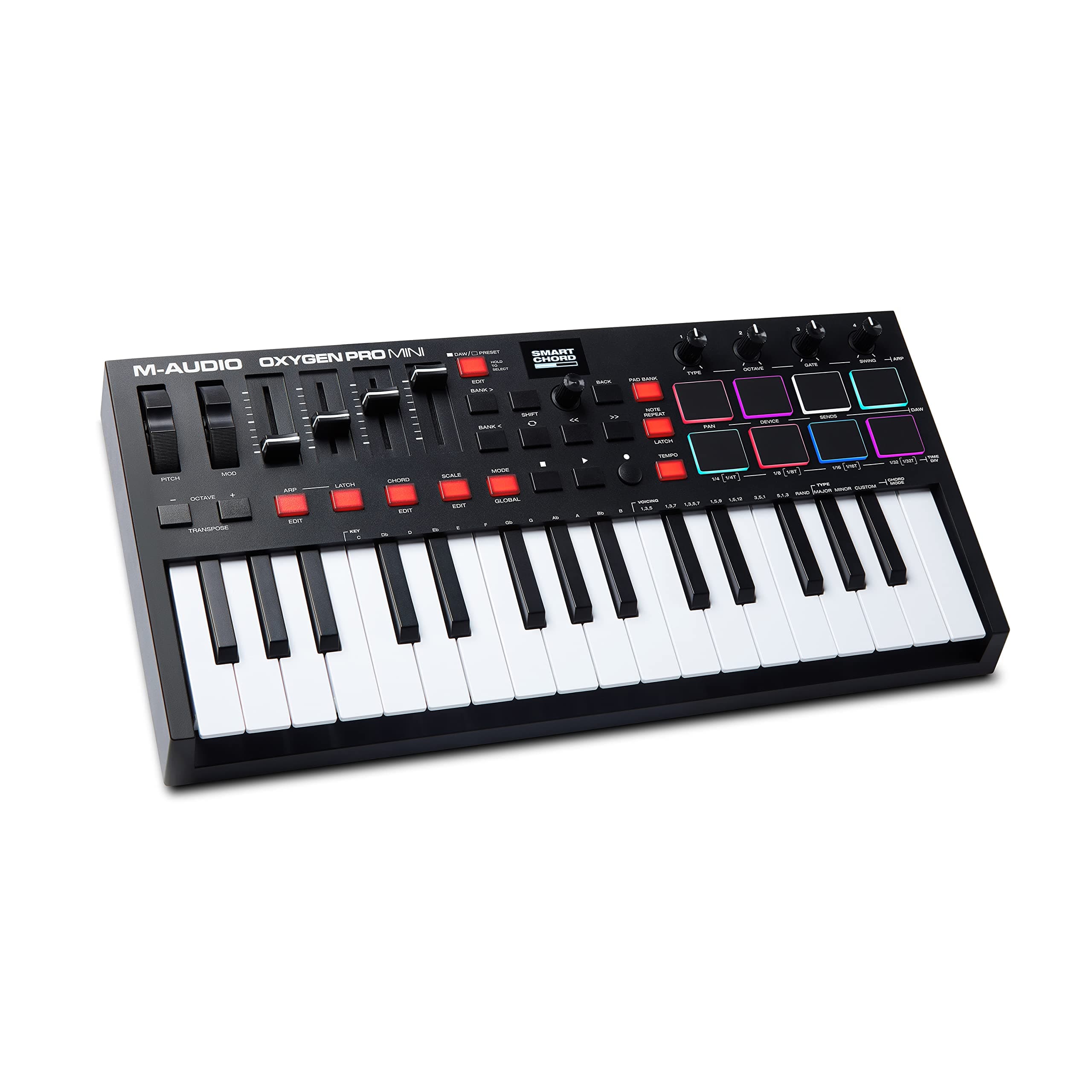 Oxygen Pro Mini 32-Key USB MIDI Keyboard Controller for MacOS and WinOS, with Beat Pads, Assignable Knobs and Faders, and Native Instruments Sound Pack (NKS Integration)