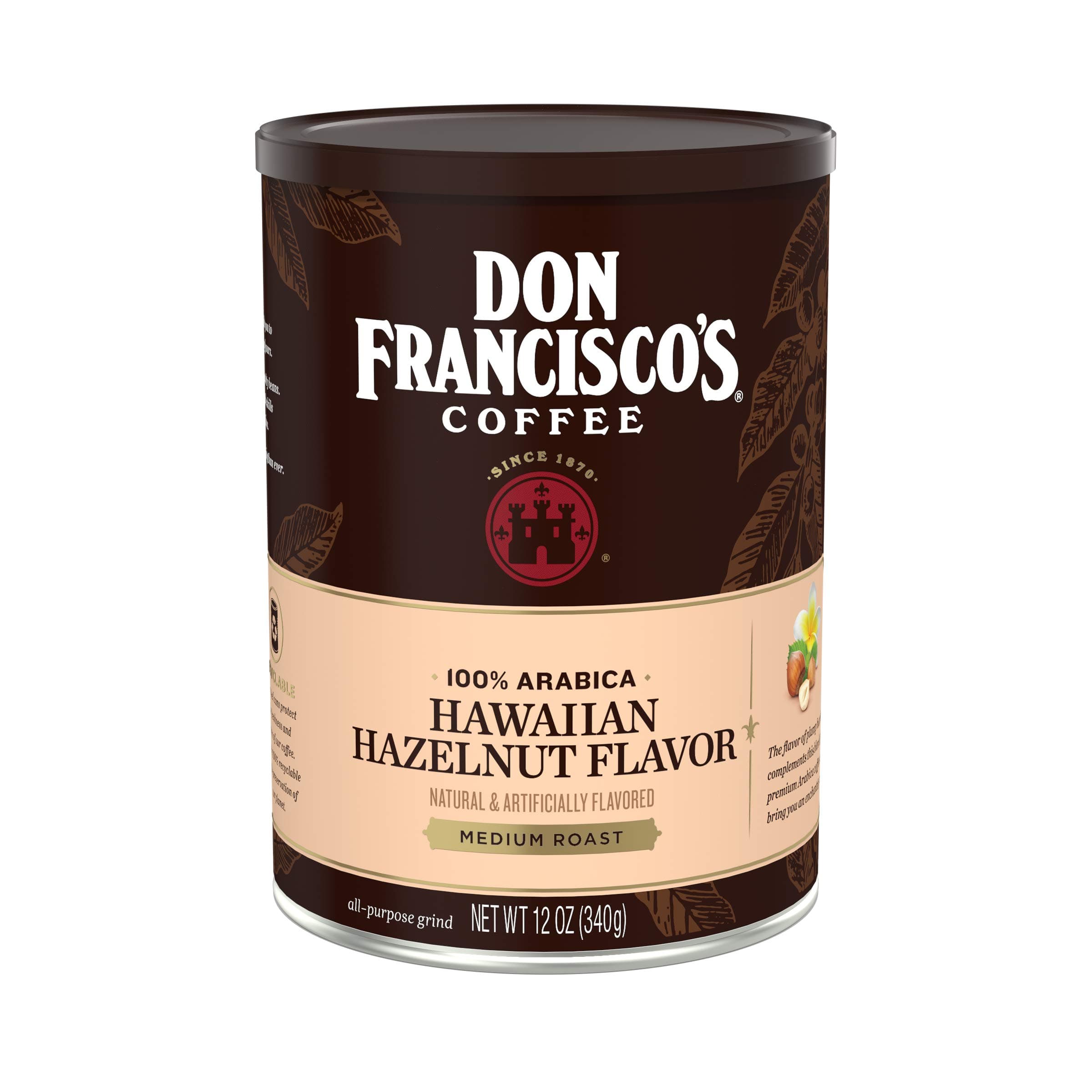 Don Francisco's Hawaiian Hazelnut Ground Flavored Coffee: Rich, Aromatic 100% Arabica Beans - (12 oz Recyclable Can)