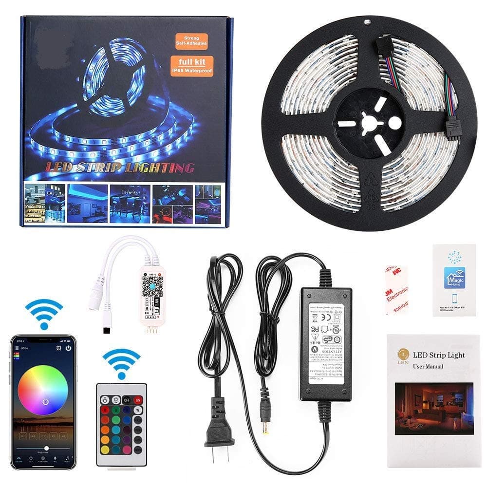 LEN RGB LED Strip Lights - LED Light Strip Compatible with Alexa, Google Home, IFTTT, Wifi Wireless Smart Phone Controlled - 5M Waterproof 150LEDs 5050 SMD RGB Led Lights Kit with Rmote Controller and Power Supply
