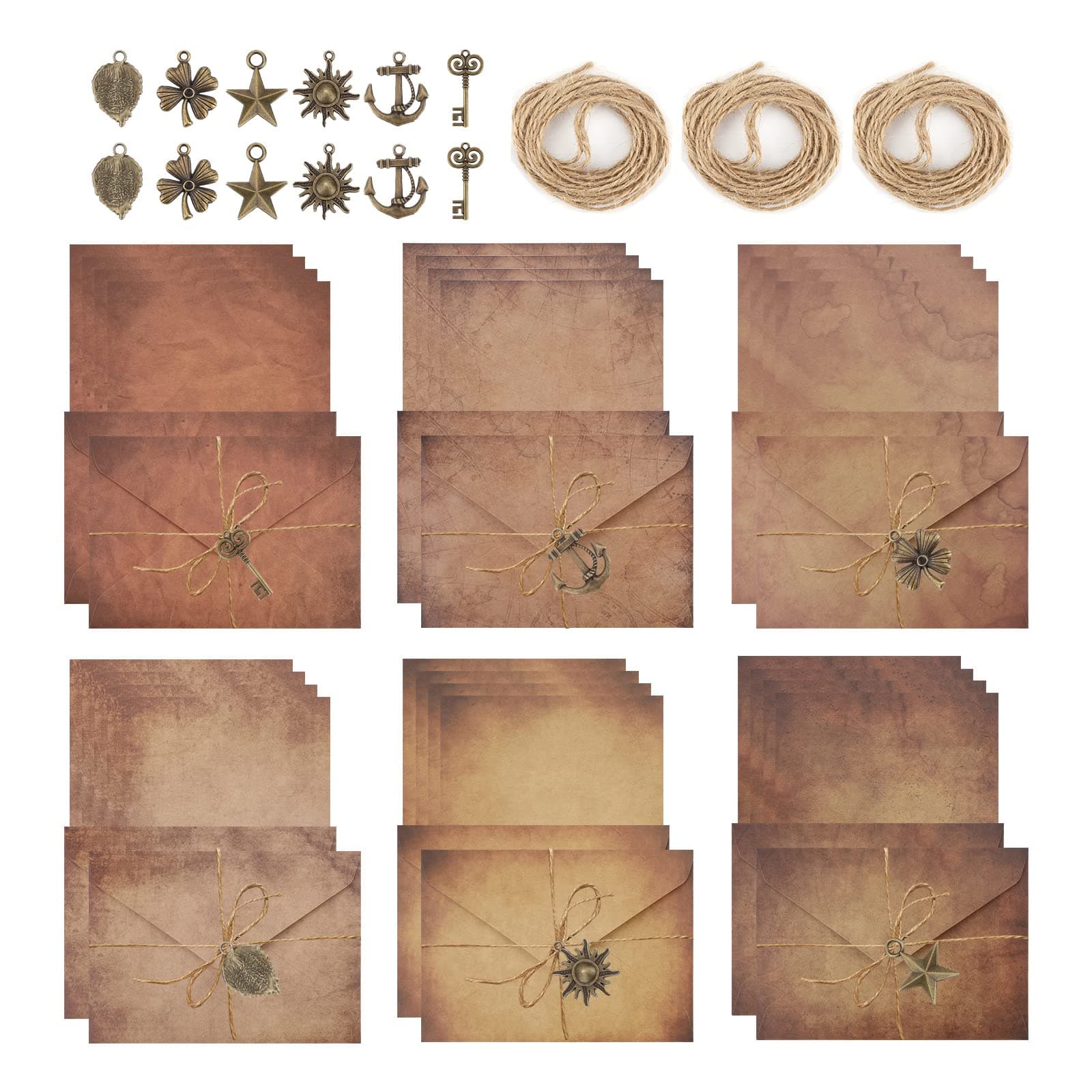 60 Pieces Letter Paper Envelopes Set Vintage Writing Paper with Envelope 24 Letter Paper A5 12 Retro Envelopes 12 Metal Pendant 12 Jute Rope Kraft Paper Antique for Greetings