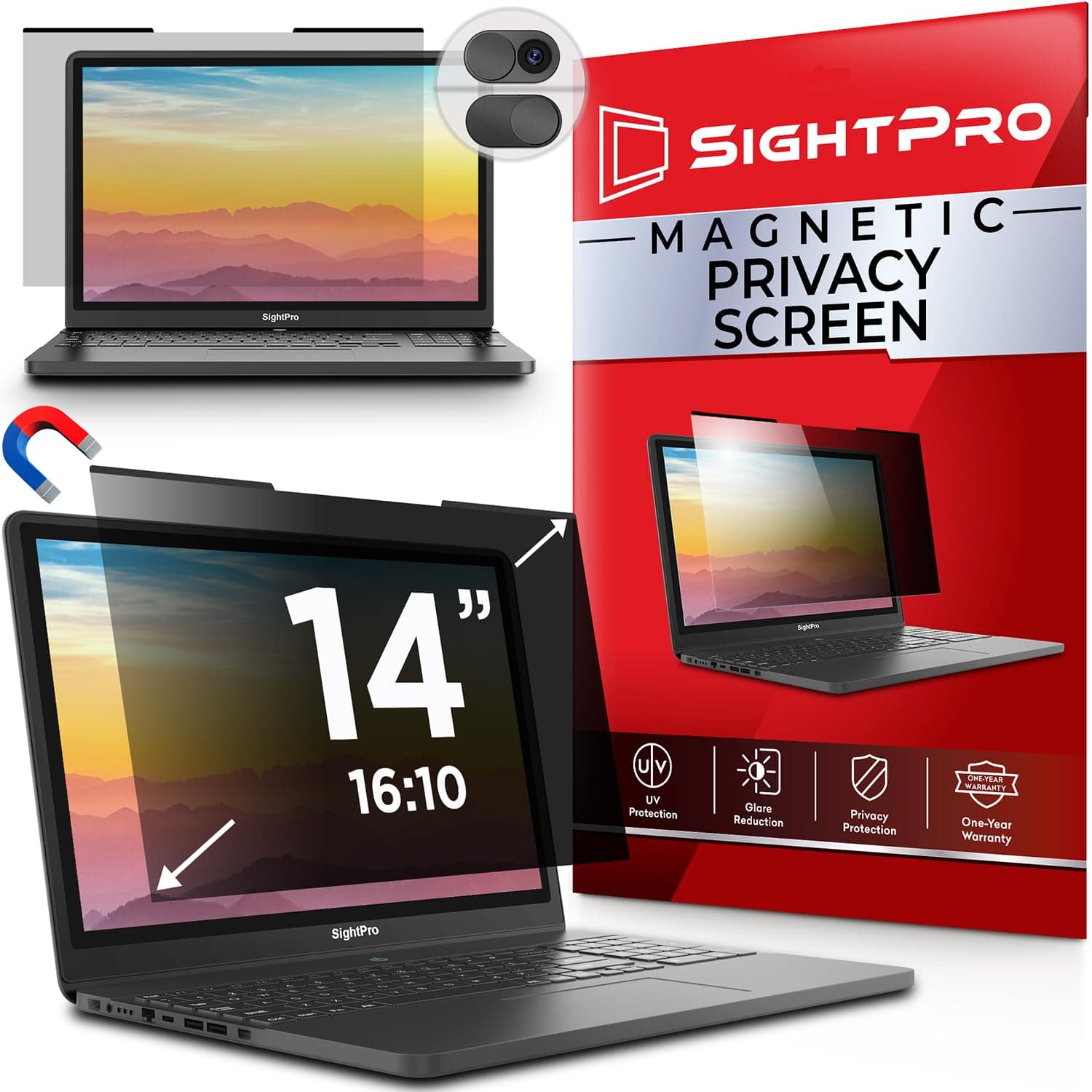 SightPro Magnetic Laptop Privacy Screen 14 Inch 16:10 - Patented Removable Laptop Privacy Filter Shield and Protector