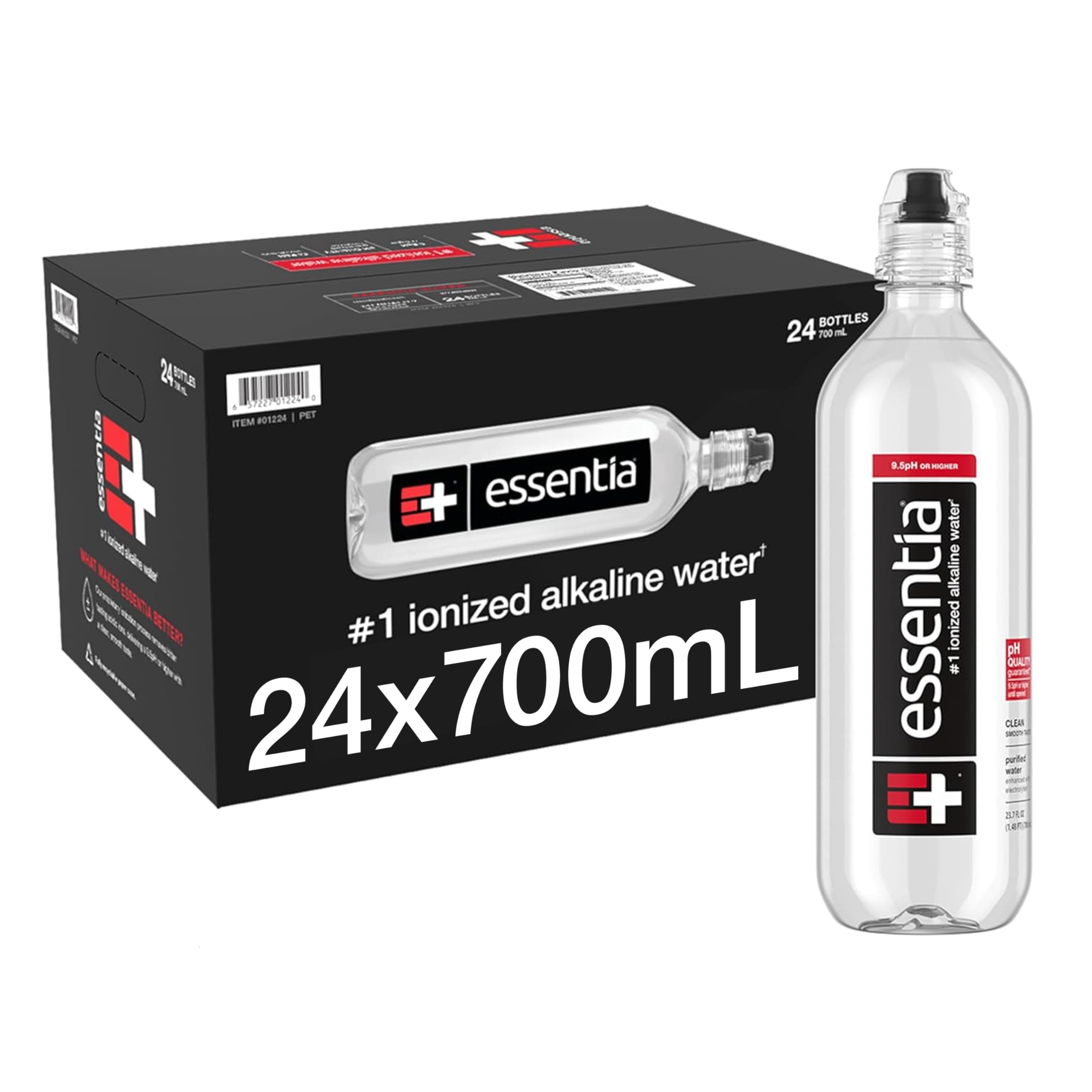 Essentia Water LLC Bottled 700 mL, 24-Pack, Ionized Alkaline Water; 99.9% Pure, Infused with Electrolytes, 9.5 pH or Higher with a Clean, Smooth Taste