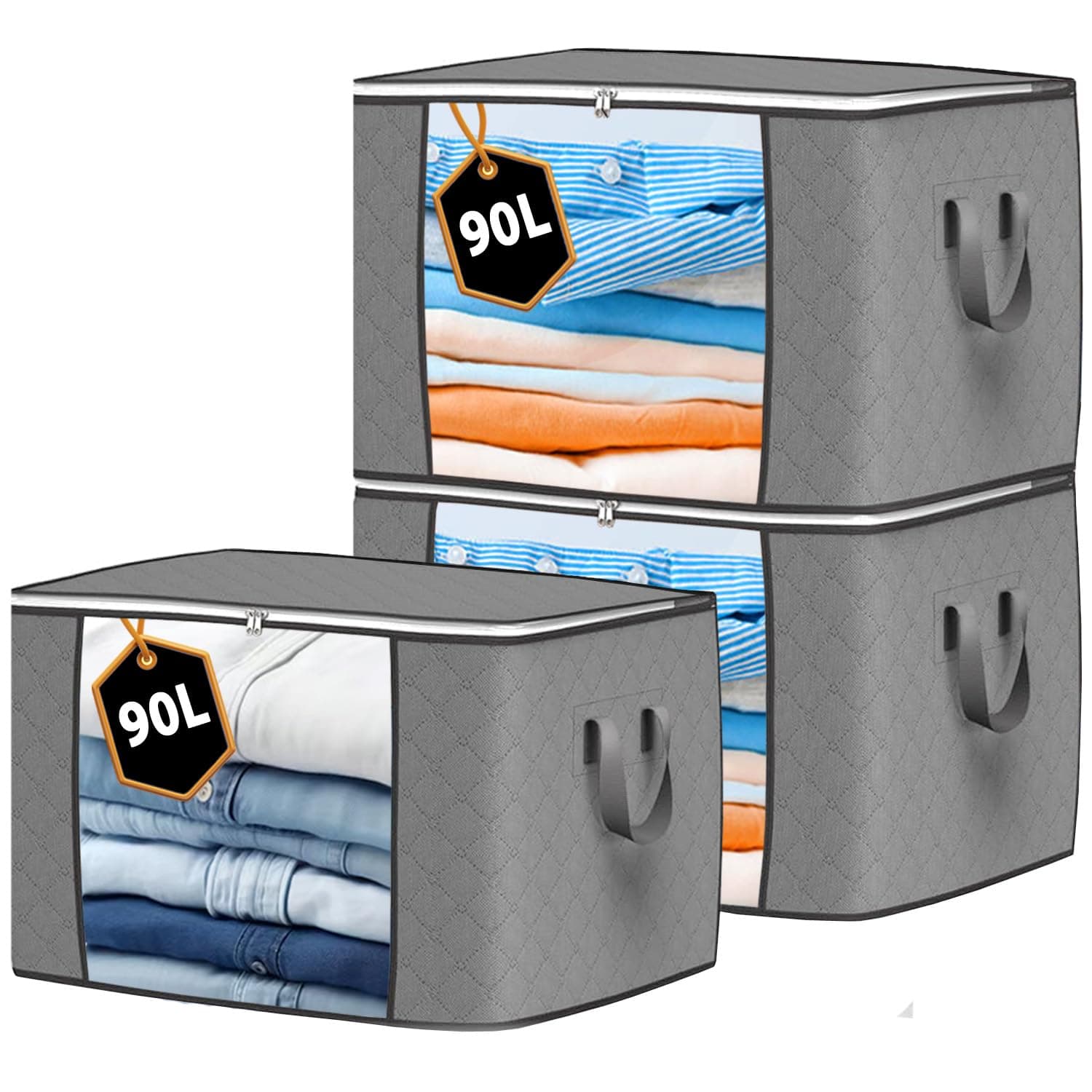 Storage Bags Clothes Organizer 3 Pack Grey, Large Moving Boxes With Top Lid 90L Capacity, 3 Sided Zipper Storage Box. Dust/Mites & Moisture Proof 60 x 43 x 35cm