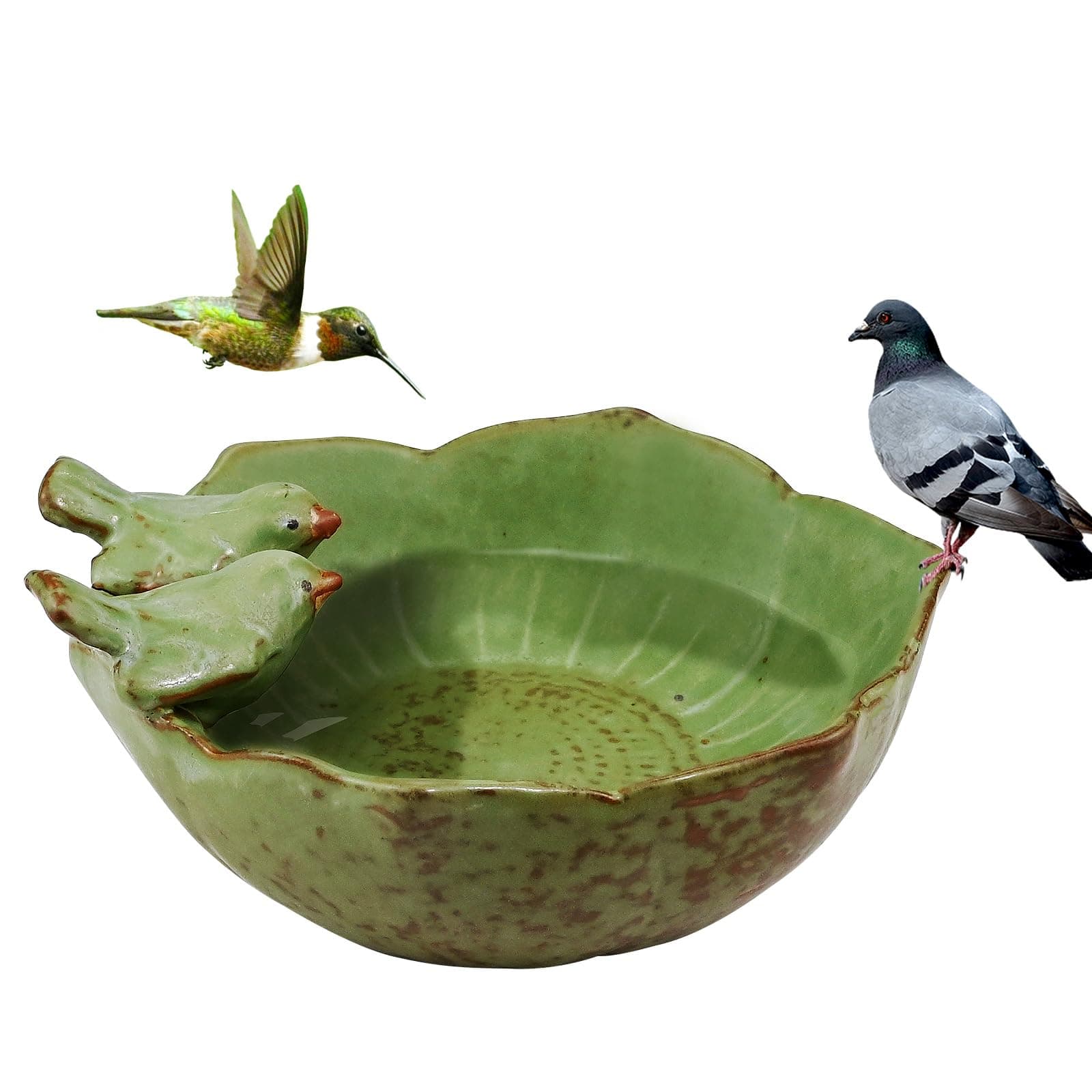 Bird Feeder and Bath, Ceramic Bowl for Wild Birds, Free Standing Stone Garden Decor, Green