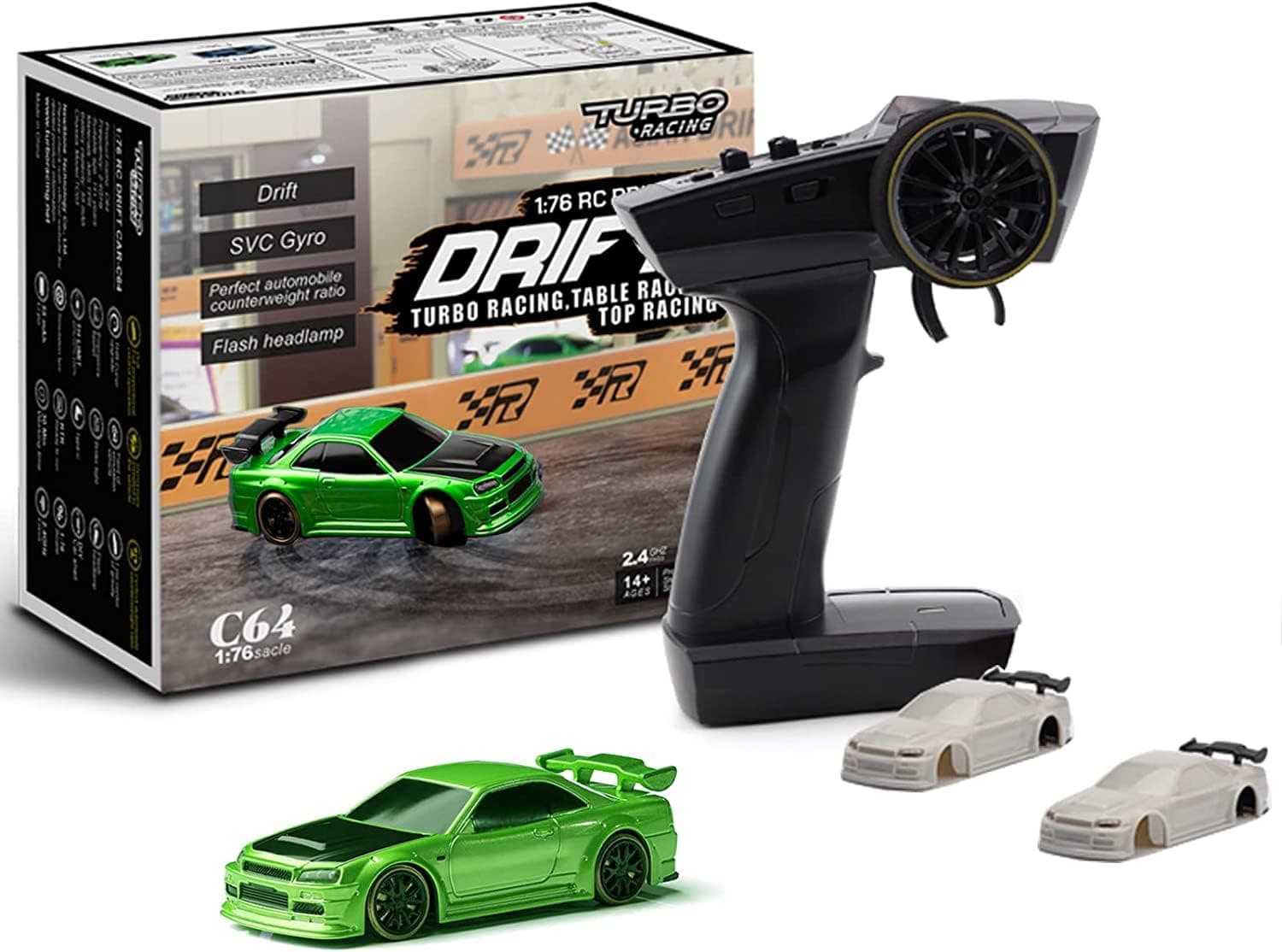 Turbo Racing 1:76 Scale Drift RC Car with Gyro Mini Full Proportional RTR 2.4GHZ Remote Control with 2 Replaceable Body Shell (C64 Green-Drift)