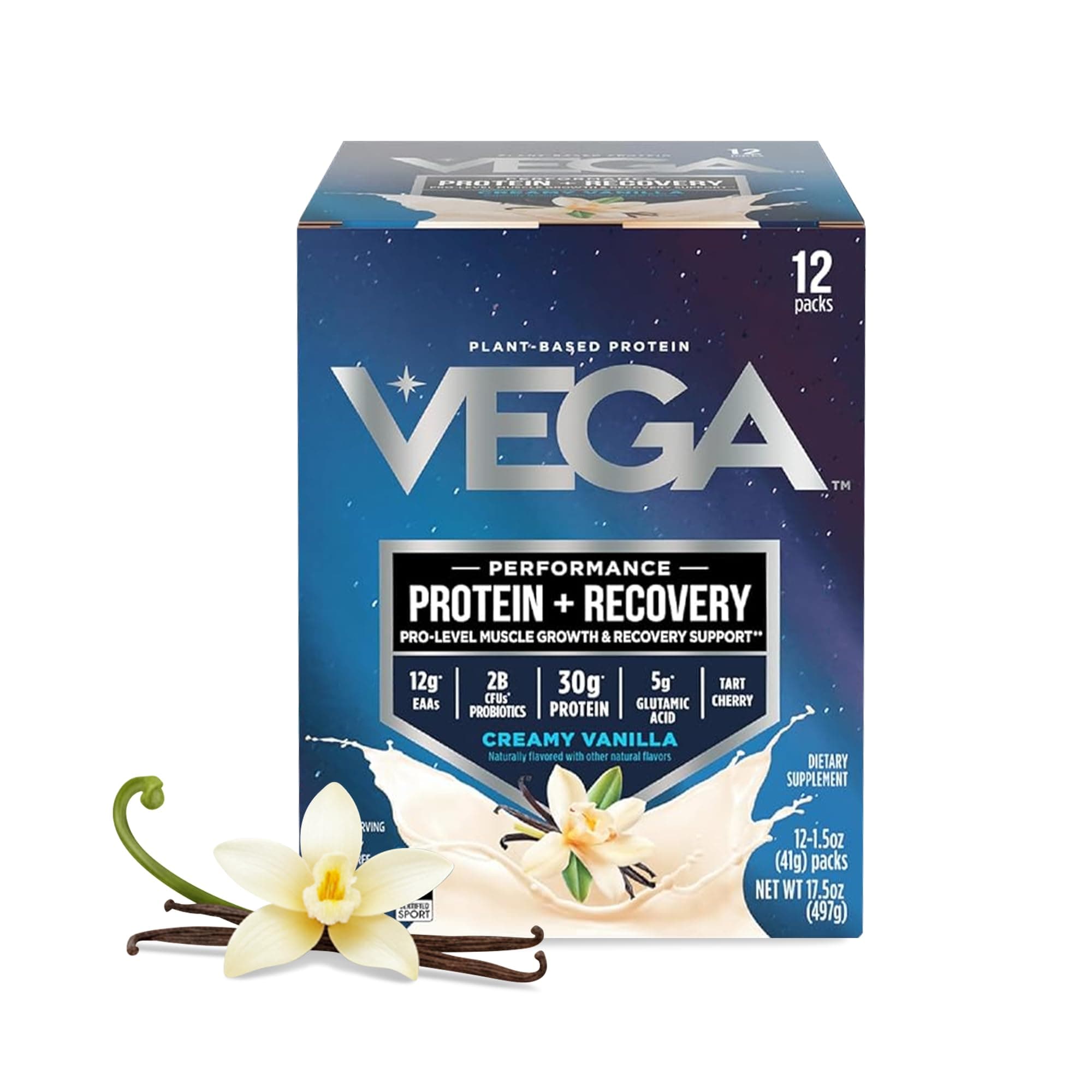 Vega Protein + Recovery, Vanilla – 30g Vegan Protein, Dairy & Gluten Free, Probiotics, NSF Certified, 12 x 1.6 oz (12 Servings)