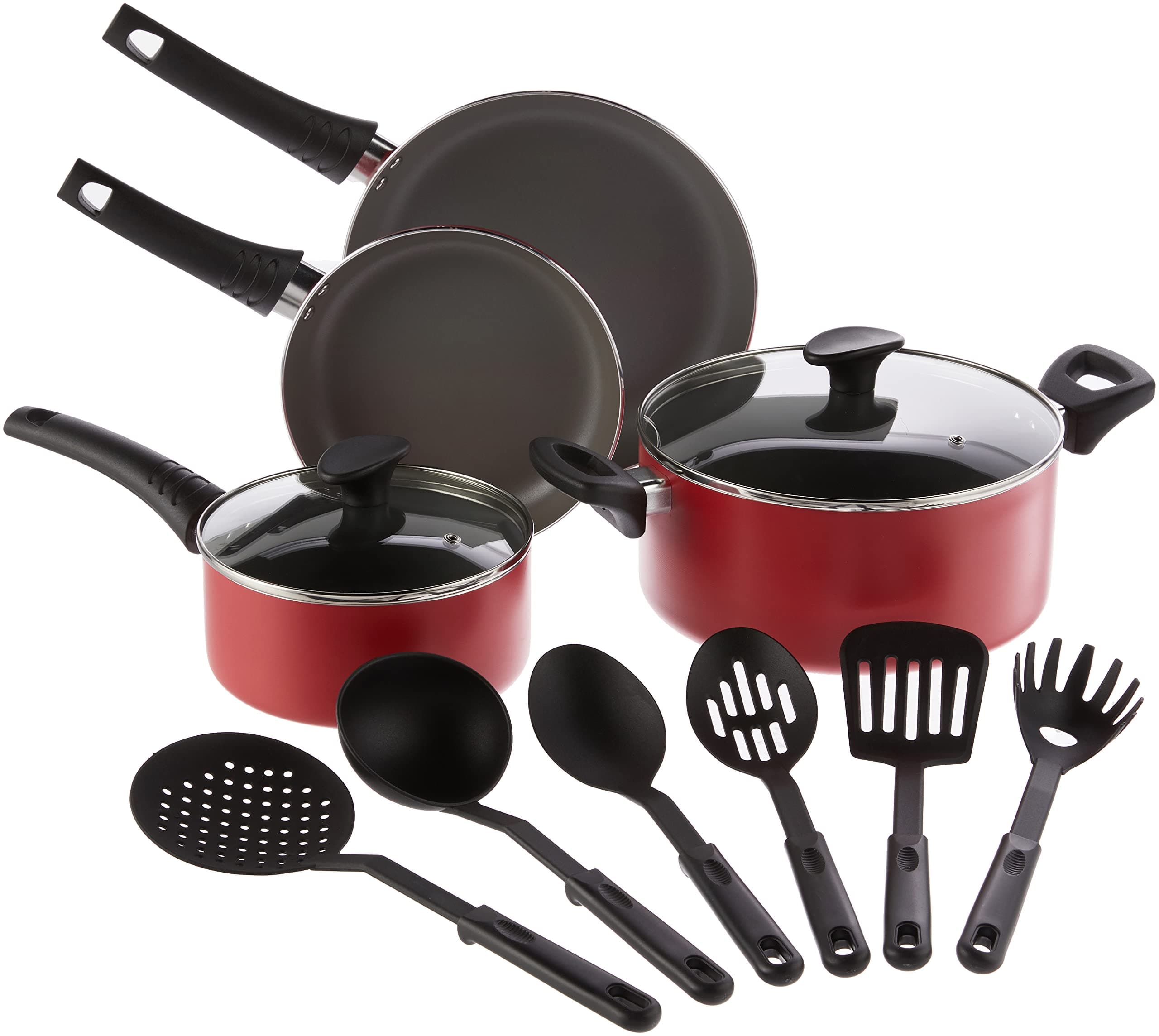 BELLA Cookware Set, 12 Piece Pots and Pans with Utensils, Nonstick PFOA Free Scratch Resistant Cooking Surface Compatible with All Stoves, Nylon and Aluminum, Red