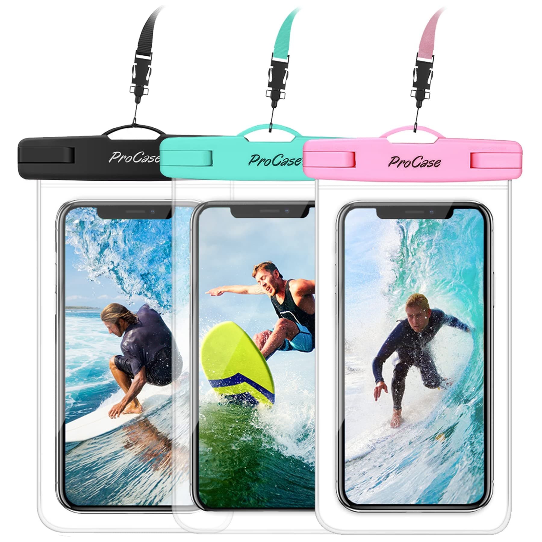 ProCase Universal Waterproof Pouch up to 7", Cellphone Dry Bag Underwater Case for iPhone 15 14 13 Pro Max 12 11 Xs XR 8 Plus Mini, Galaxy S23 S22 S21 Ultra Pixel -3 Pack, Teal/Pink/Black