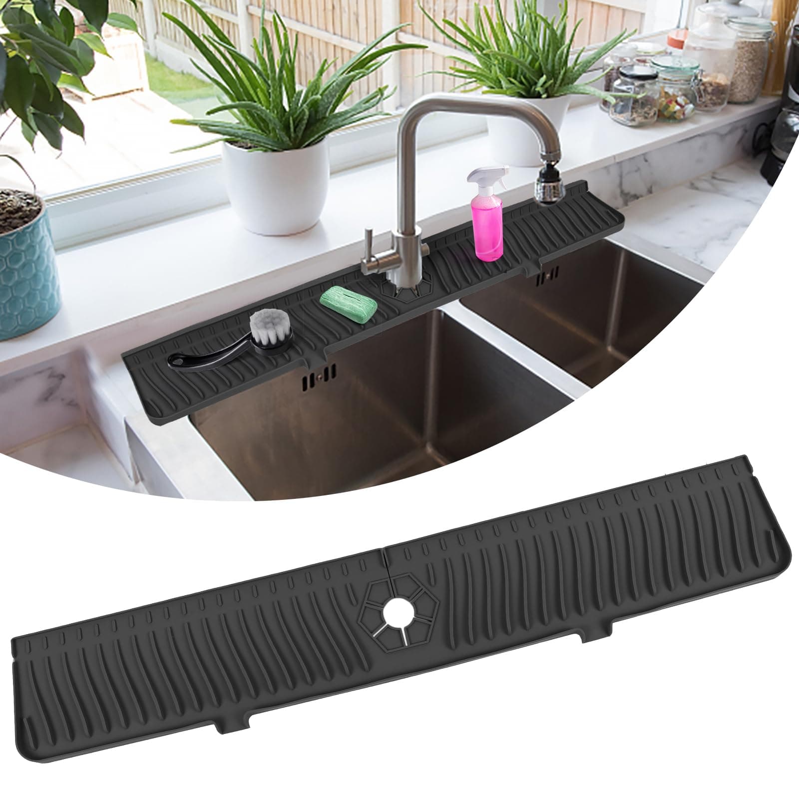 Kitchen Sink Splash Guard, 30" Sink Splash Guard, Faucet Mat, Longer Silicone Faucet Handle Drip Catcher Tray for Kitchen, Bathroom, Farmhouse (Black)