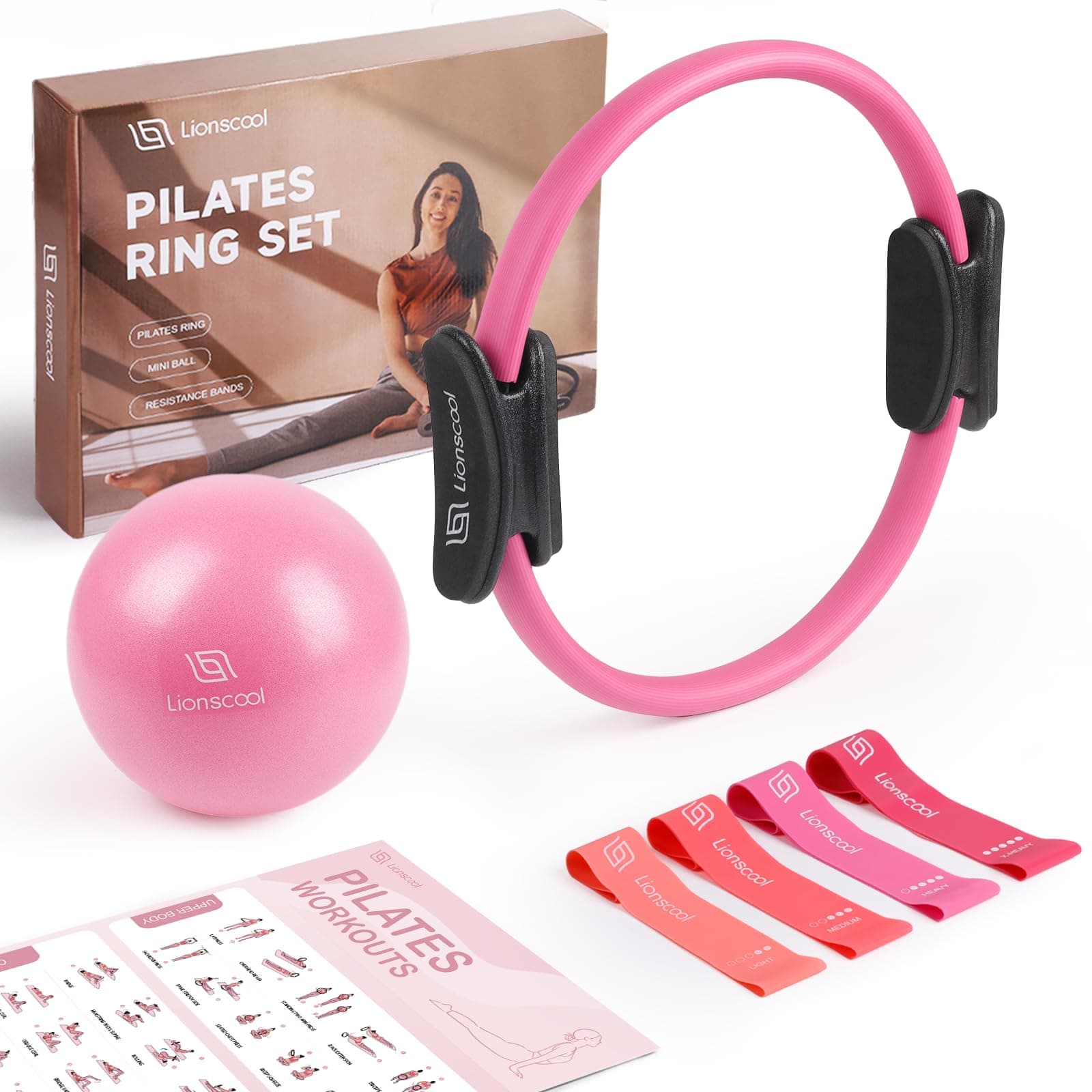 Pilates Ring Set - Premium14”Magic Circle with Dual Padded Handles - Includes Pilates Mini Ball & Highly Elastic Resistance Bands & Workout Guide & Bag