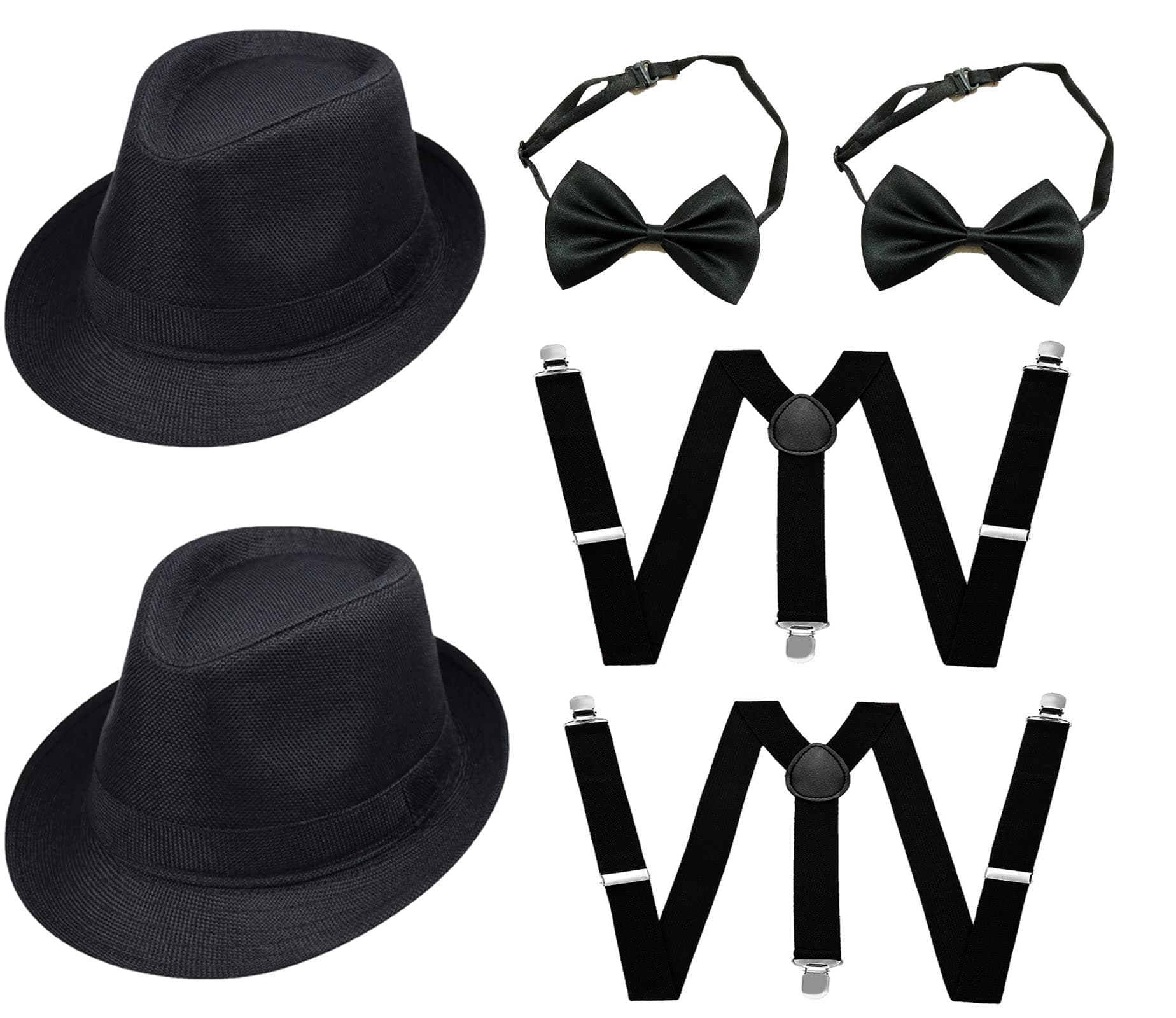 GCFIYPP 1920s Men Accessory Set Manhattan Hat, Y-Back Suspenders, Pre Tied Bow Tie,Gangster Tie Theme Party for Halloween, Black(2 Hats+2 Suspenders +2 Ties), 7 3/8