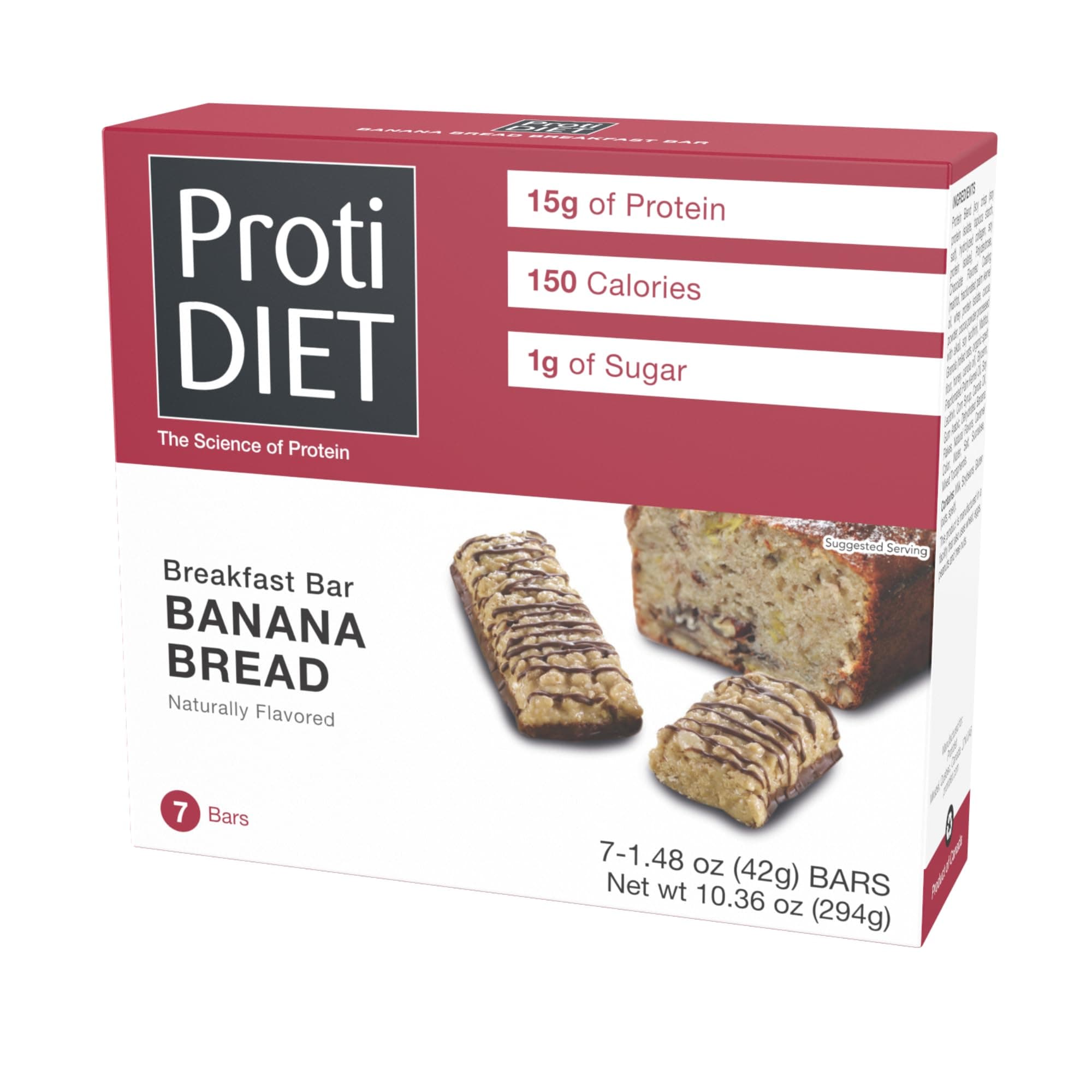 ProtiDiet Protein Bar - Banana Bread (7/Box) - High Protein 15g - Low Calorie - High Fiber